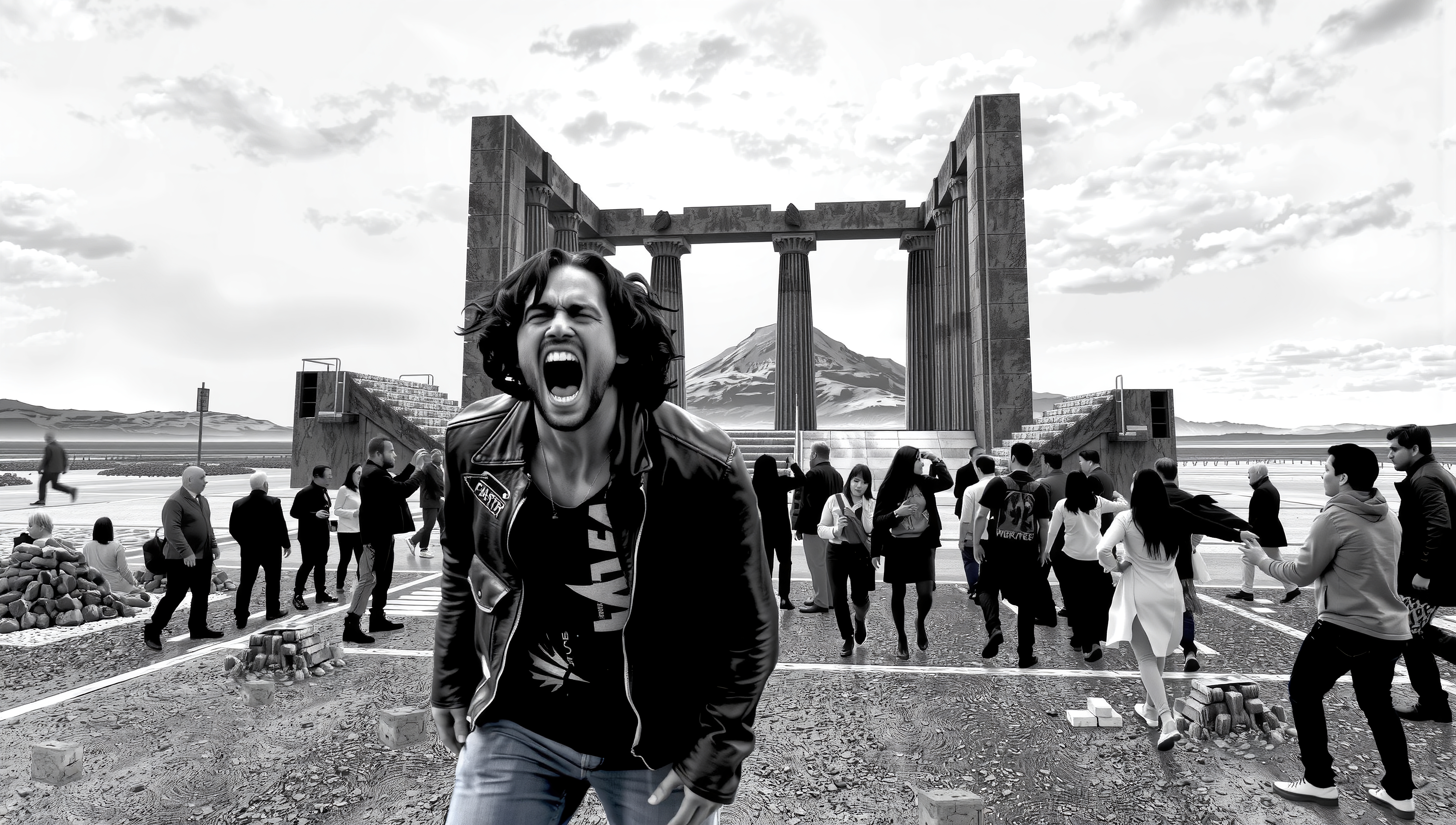 Man screams dramatically before ancient temple ruins while tourists ignore him, black and white photo concept