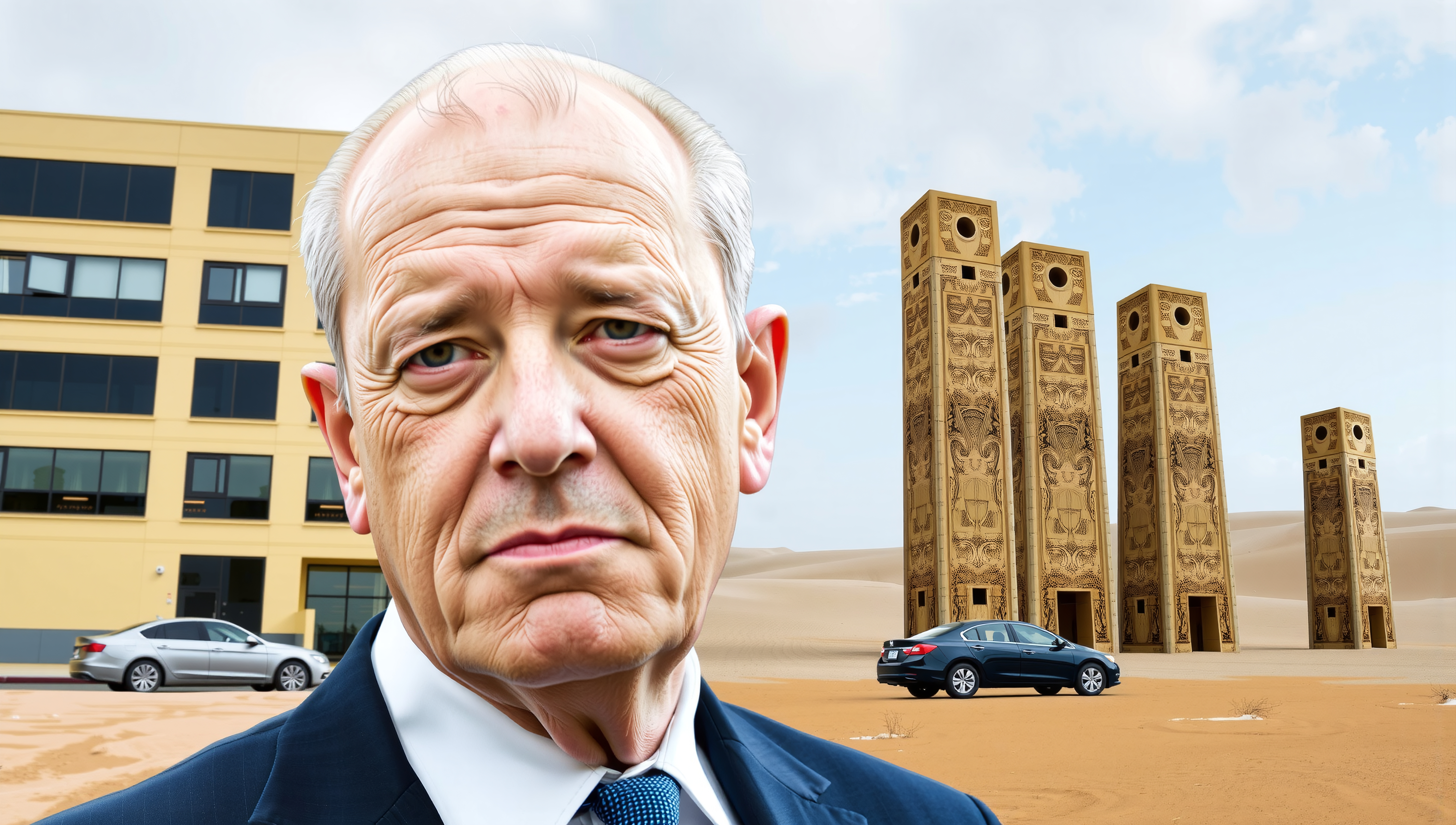 An older man stands solemnly before modern architecture and ancient desert pillars.