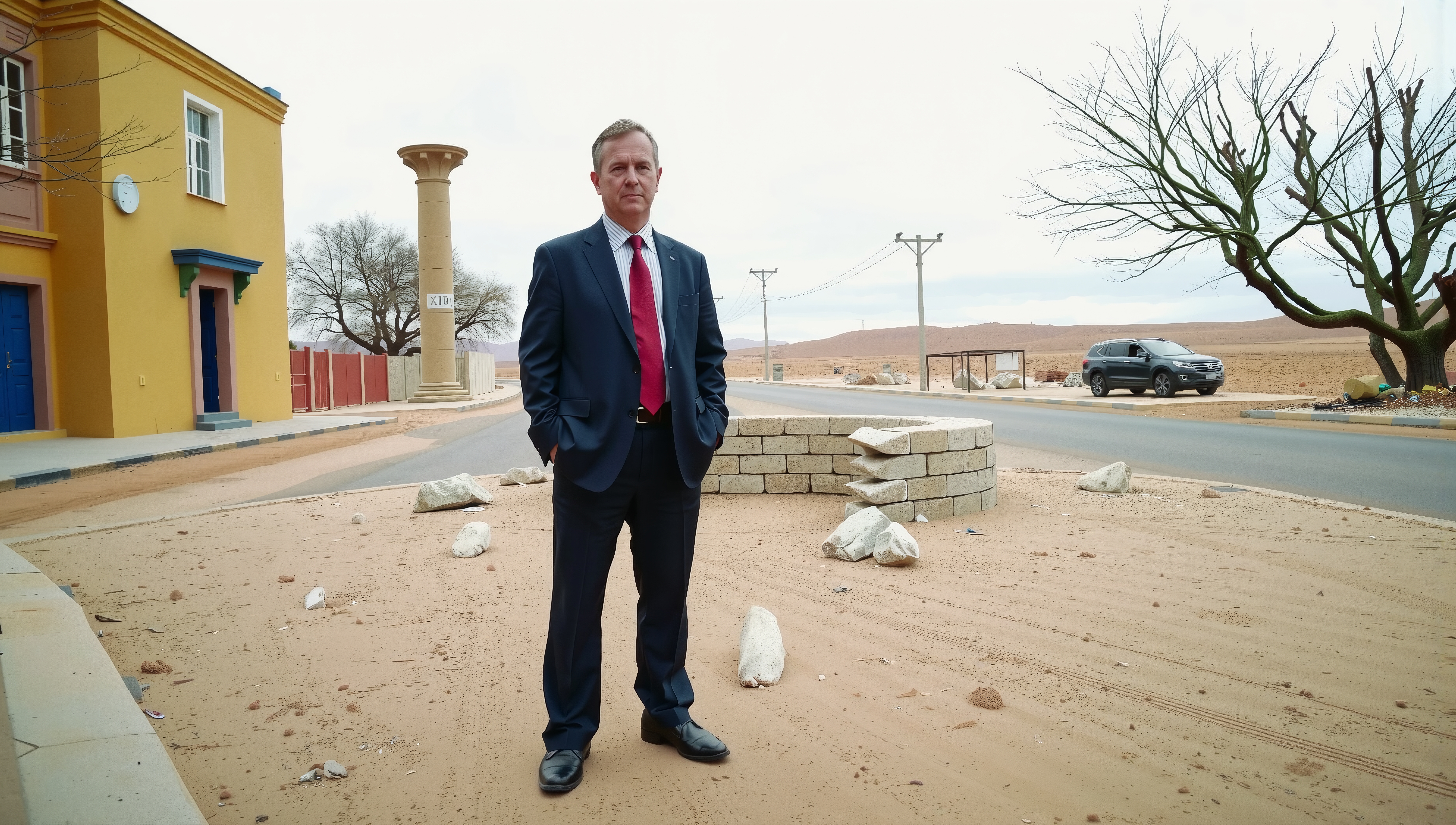 Businessman standing alone in desert near colorful building and parked car