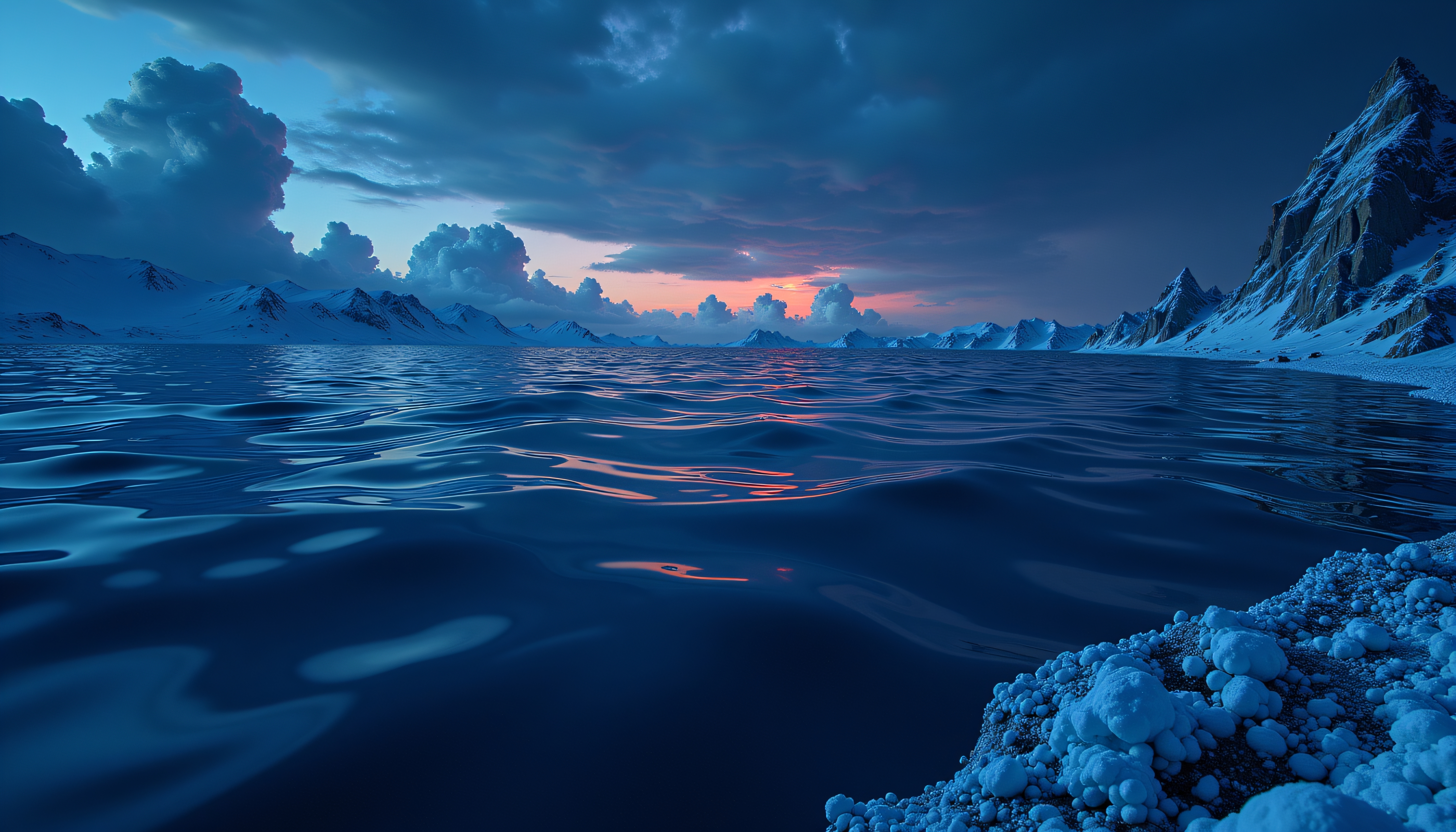 Arctic Frozen Lake Sunset with Snow-Capped Mountain Range