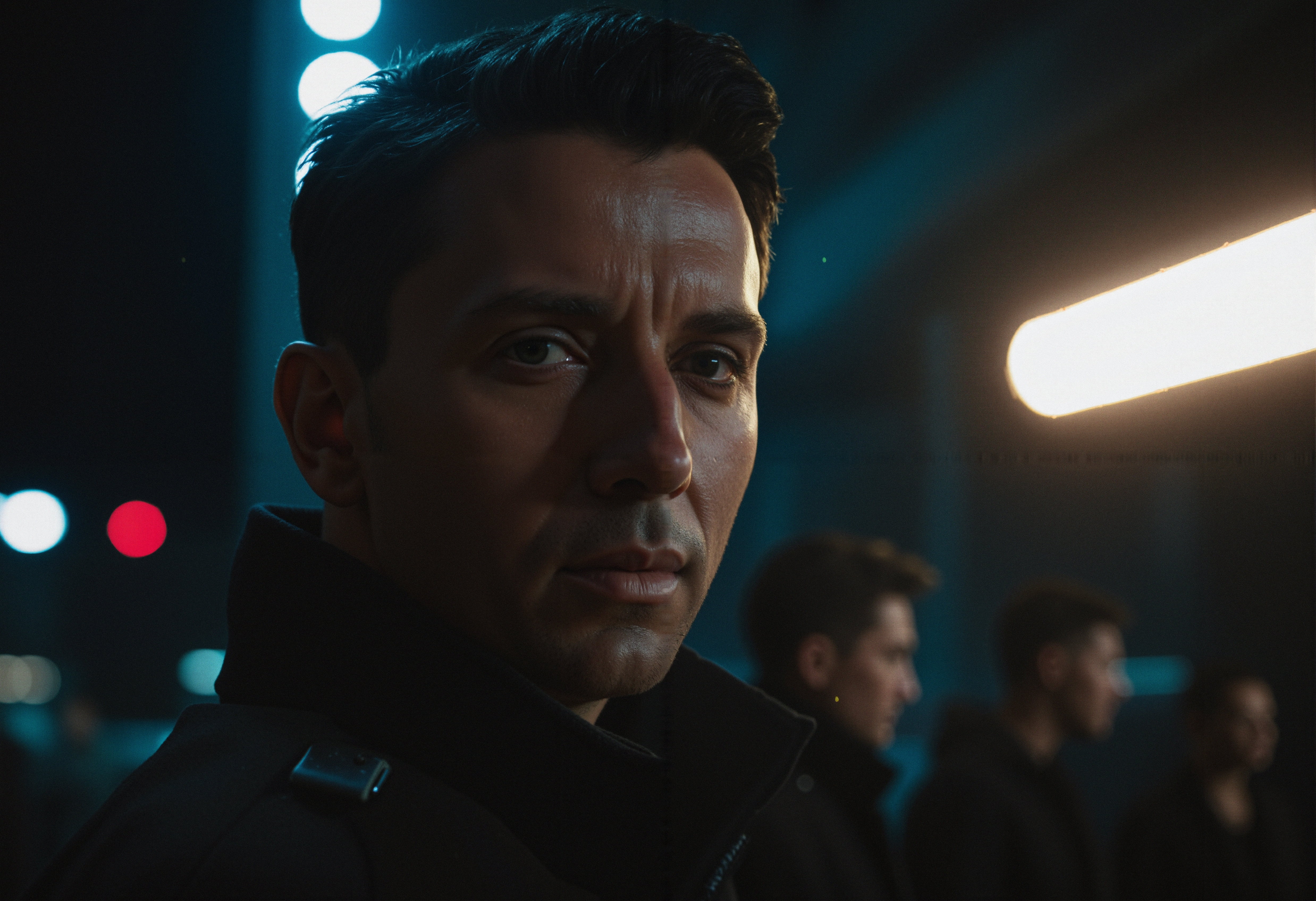 Dramatic portrait of a man at night with blurred background figures in an urban setting.