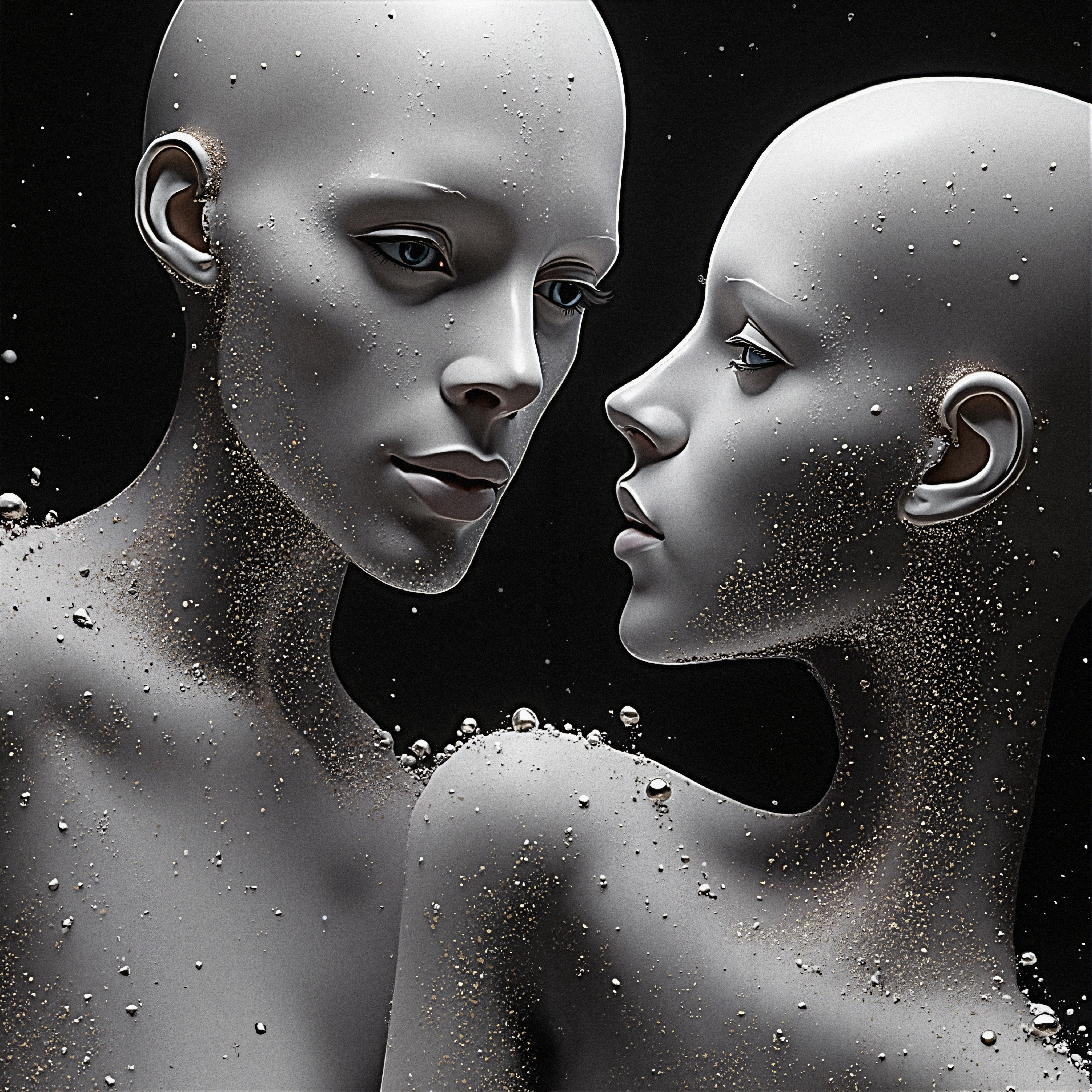 Futuristic humanoid figures with reflective metallic skin in darkness.