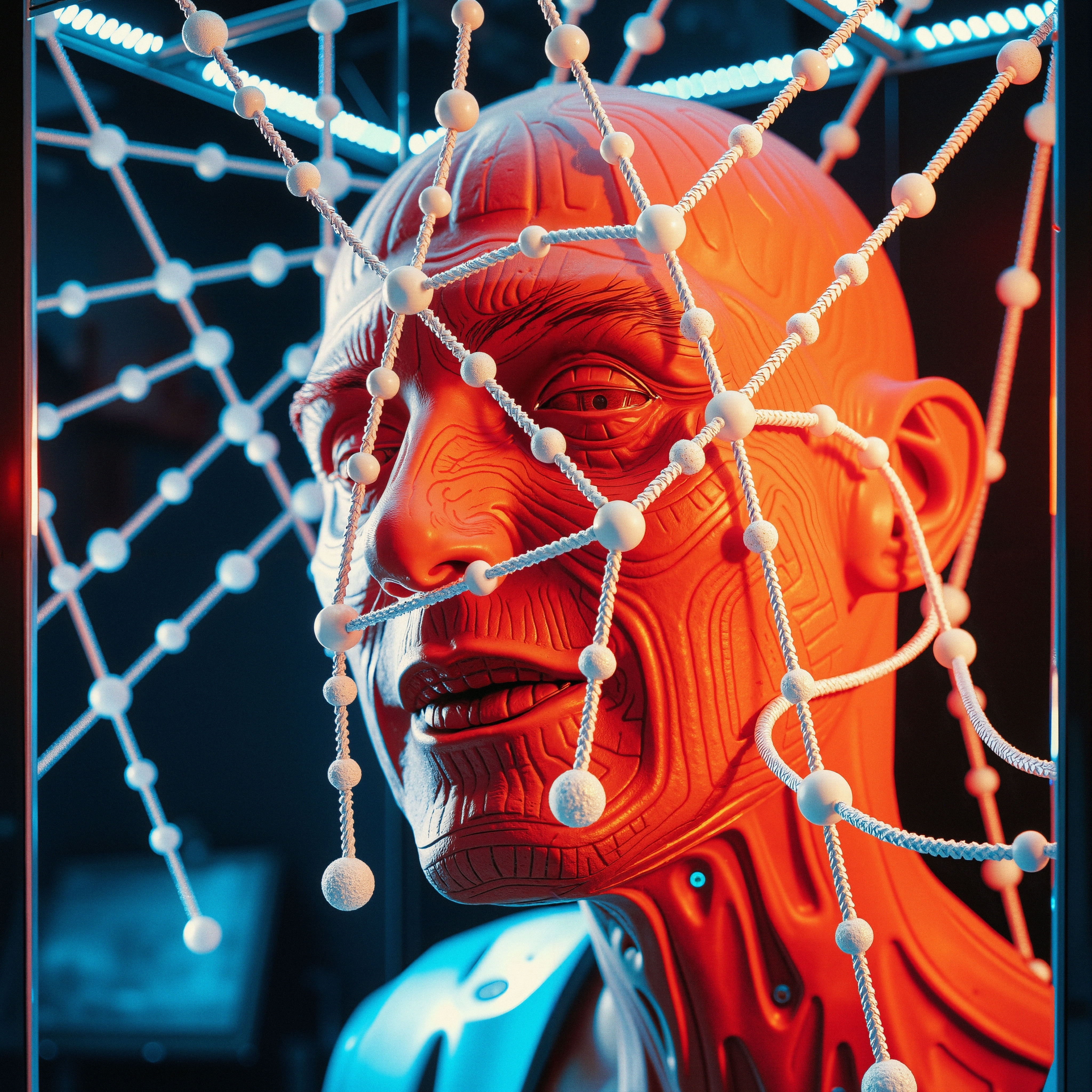 Surreal sculpture of a human head wrapped in futuristic ropes and spheres, illuminated in orange.