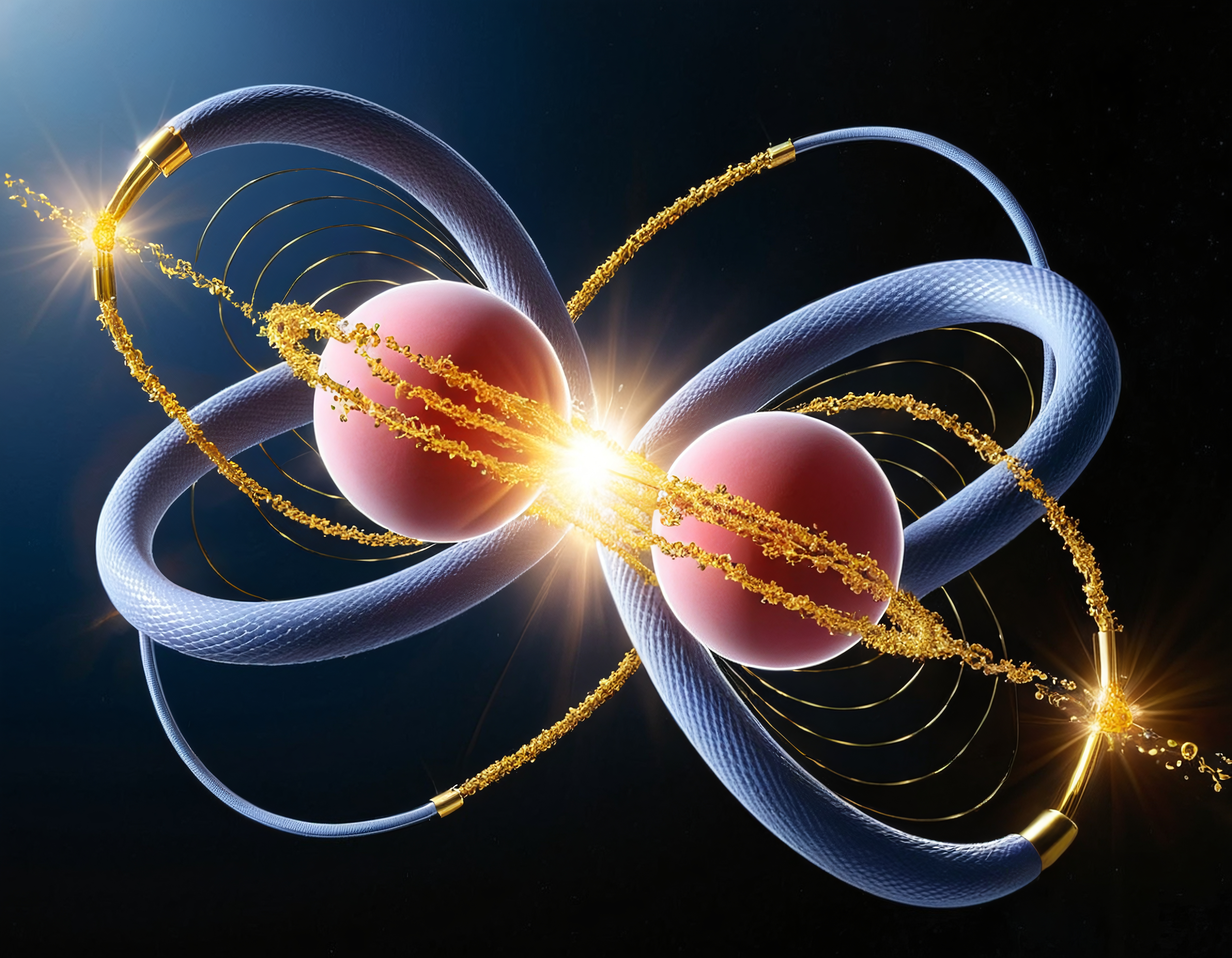 Surreal cosmic energy spheres with blue rings and golden particles, abstract 3D digital art illustration for futuristic technology and space design.