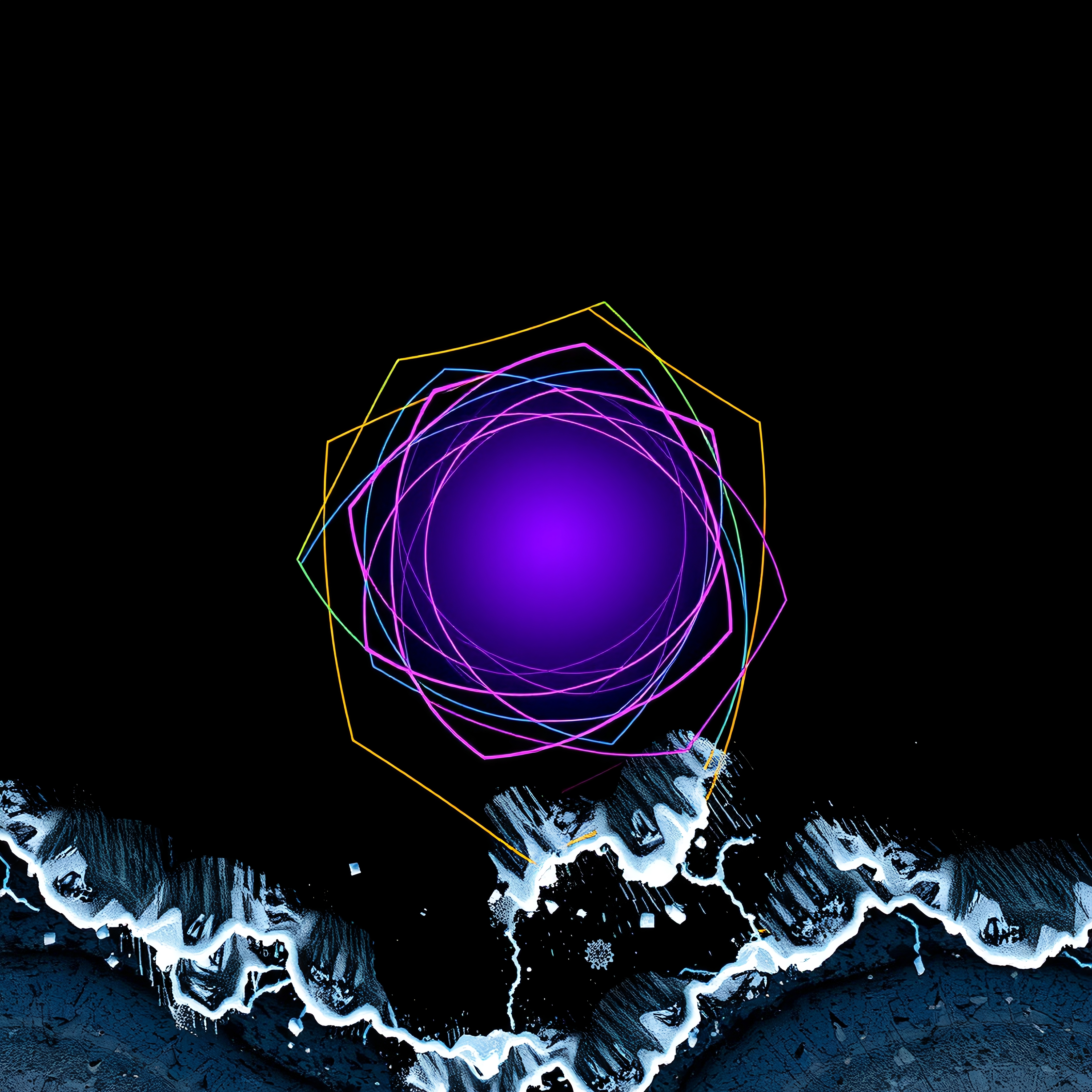 A vibrant abstract composition featuring a luminous purple sphere surrounded by colorful geometric patterns against a dark backdrop.