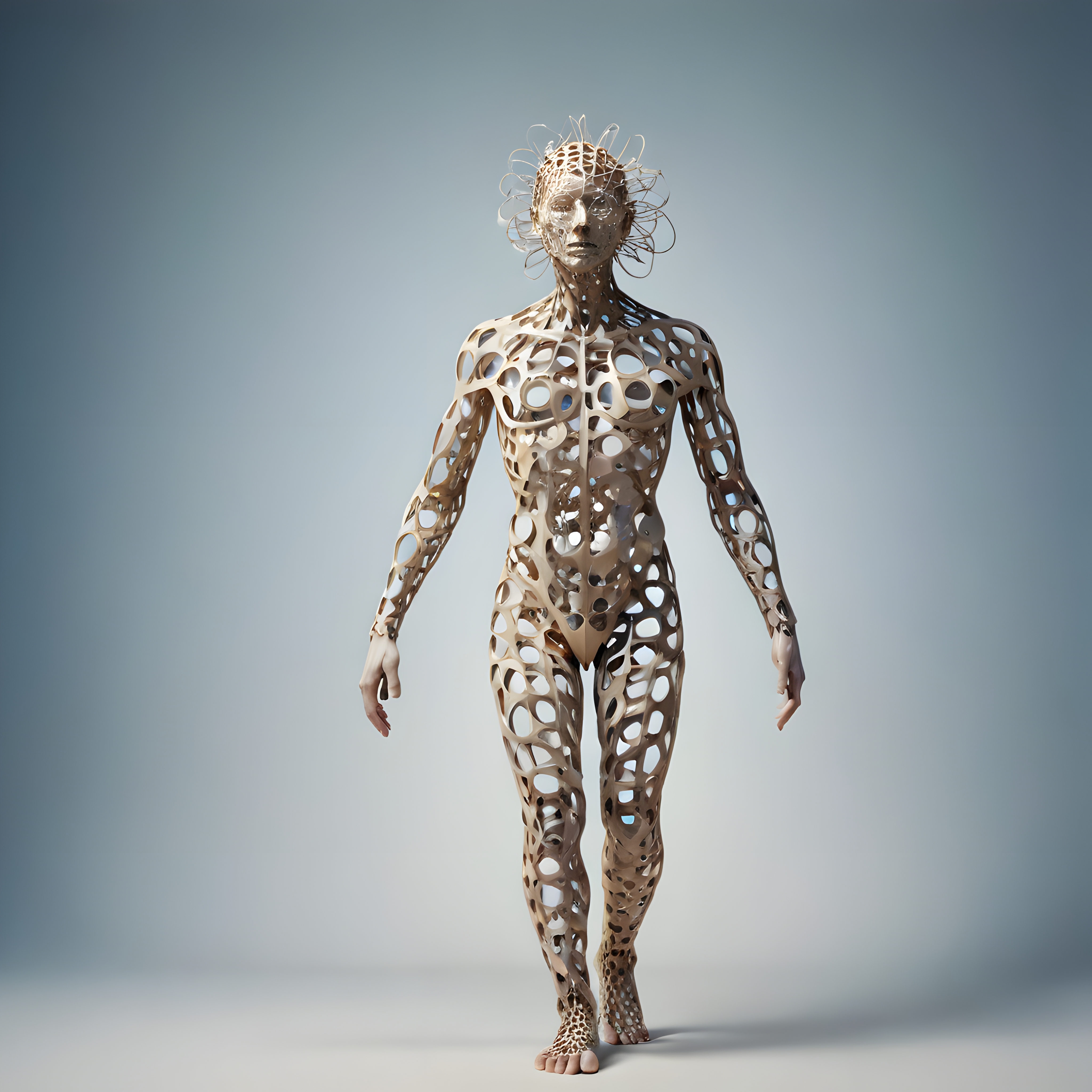 A humanoid form composed entirely of intricate, interlocking organic shapes.