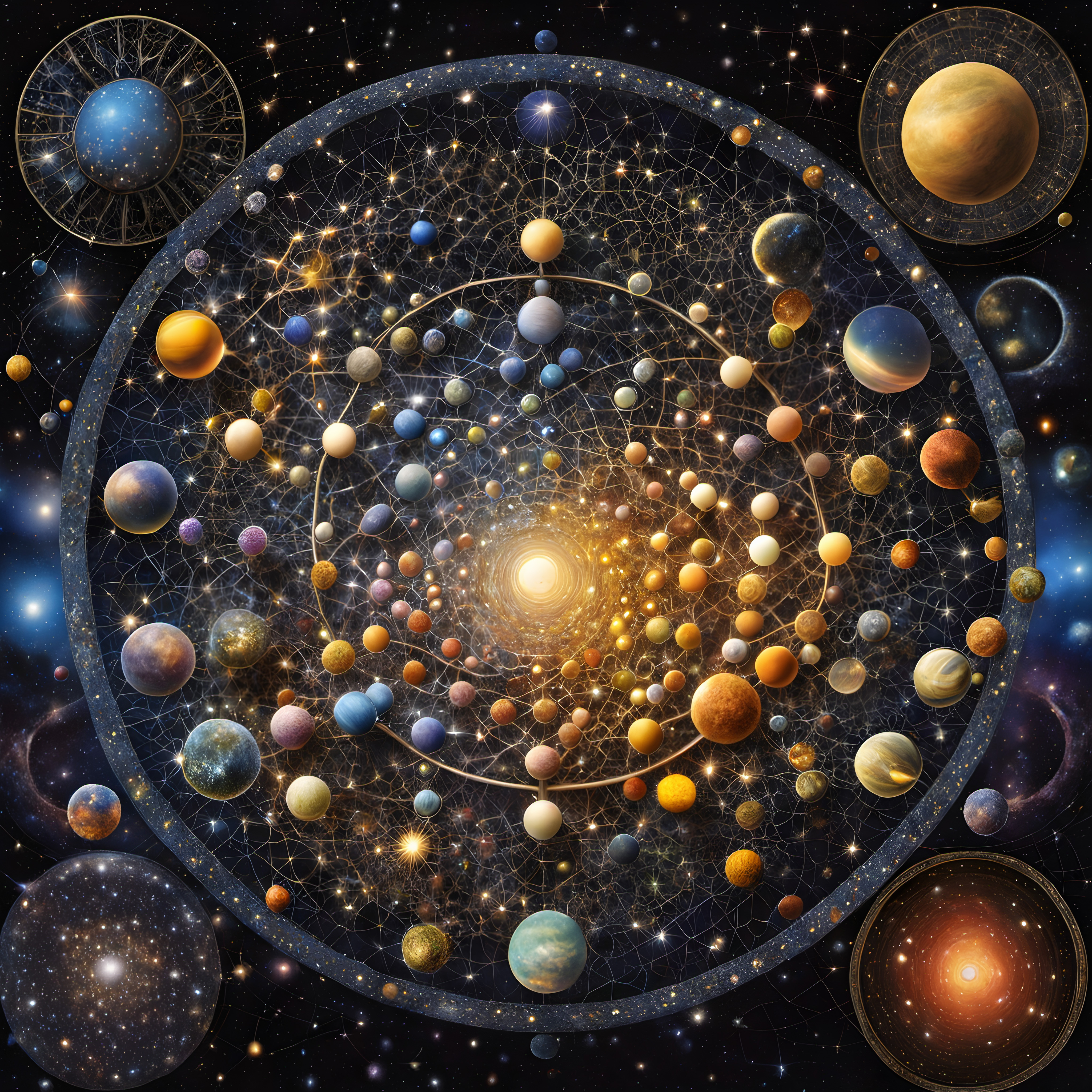 An artistic depiction of the cosmos in a style reminiscent of ancient star maps.