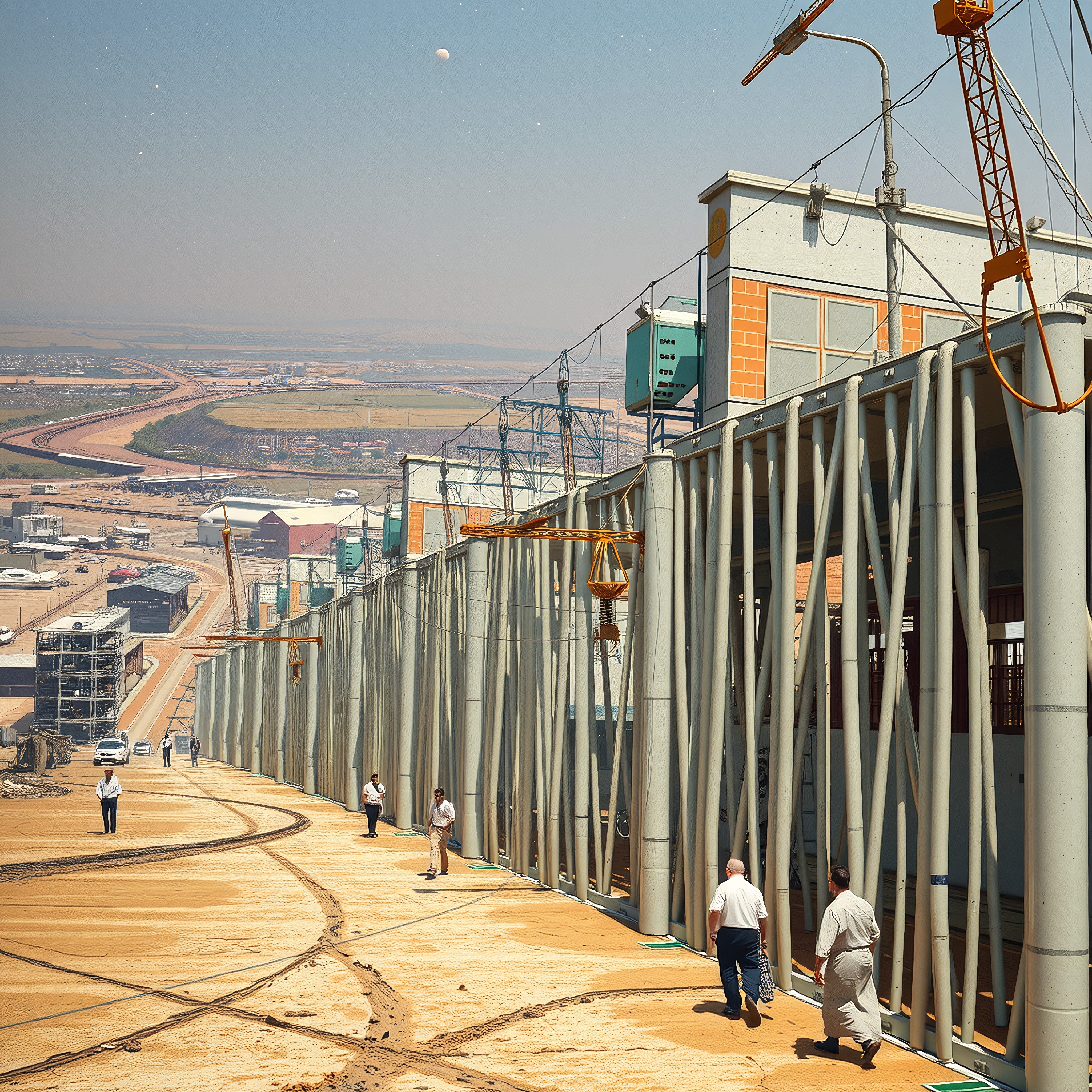 Industrial worksite with tall metallic structures, workers walking on sandy terrain, and distant buildings under a clear sky.