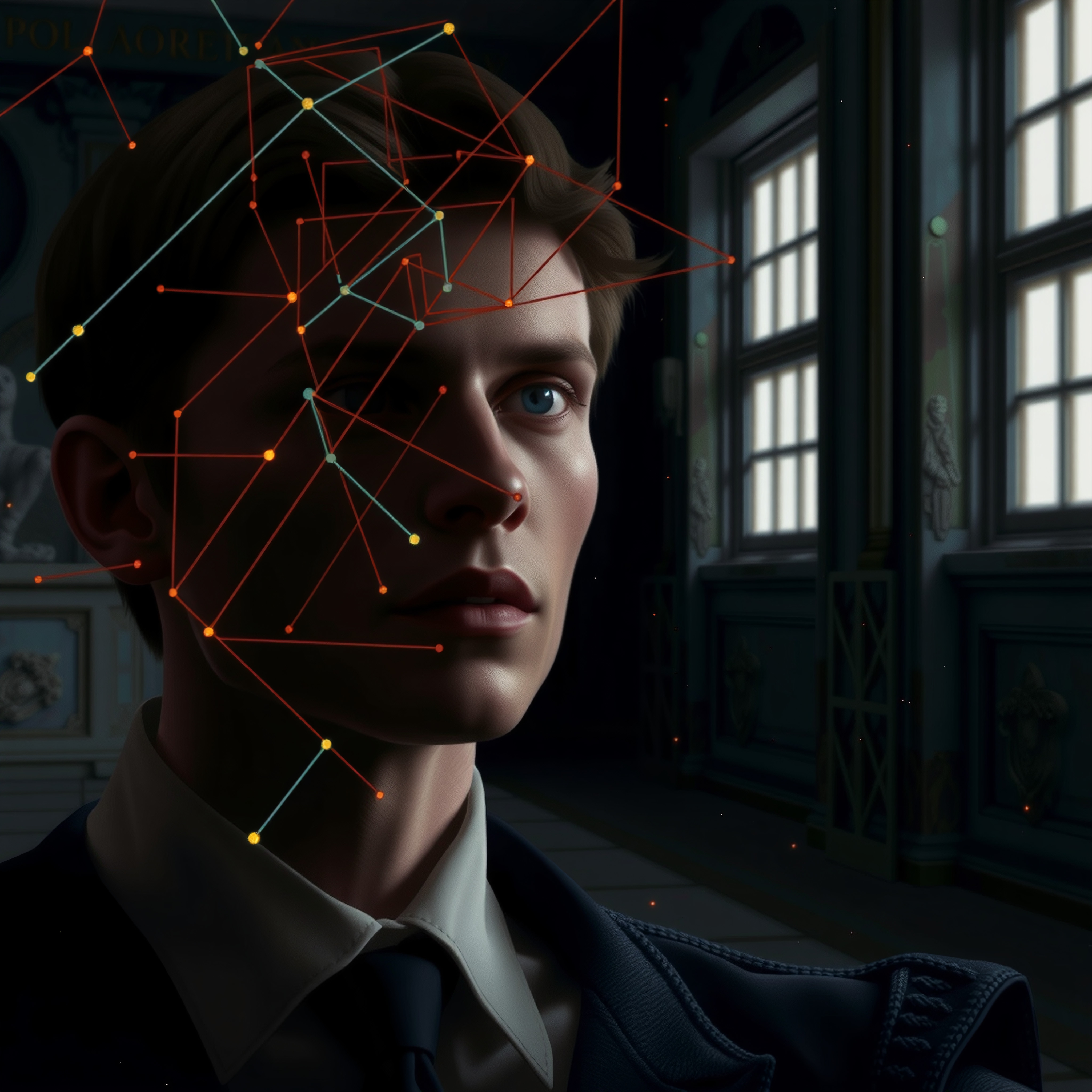 A young man stands in a dim room with colorful lines and dots overlaying his face, creating a futuristic and technological impression.