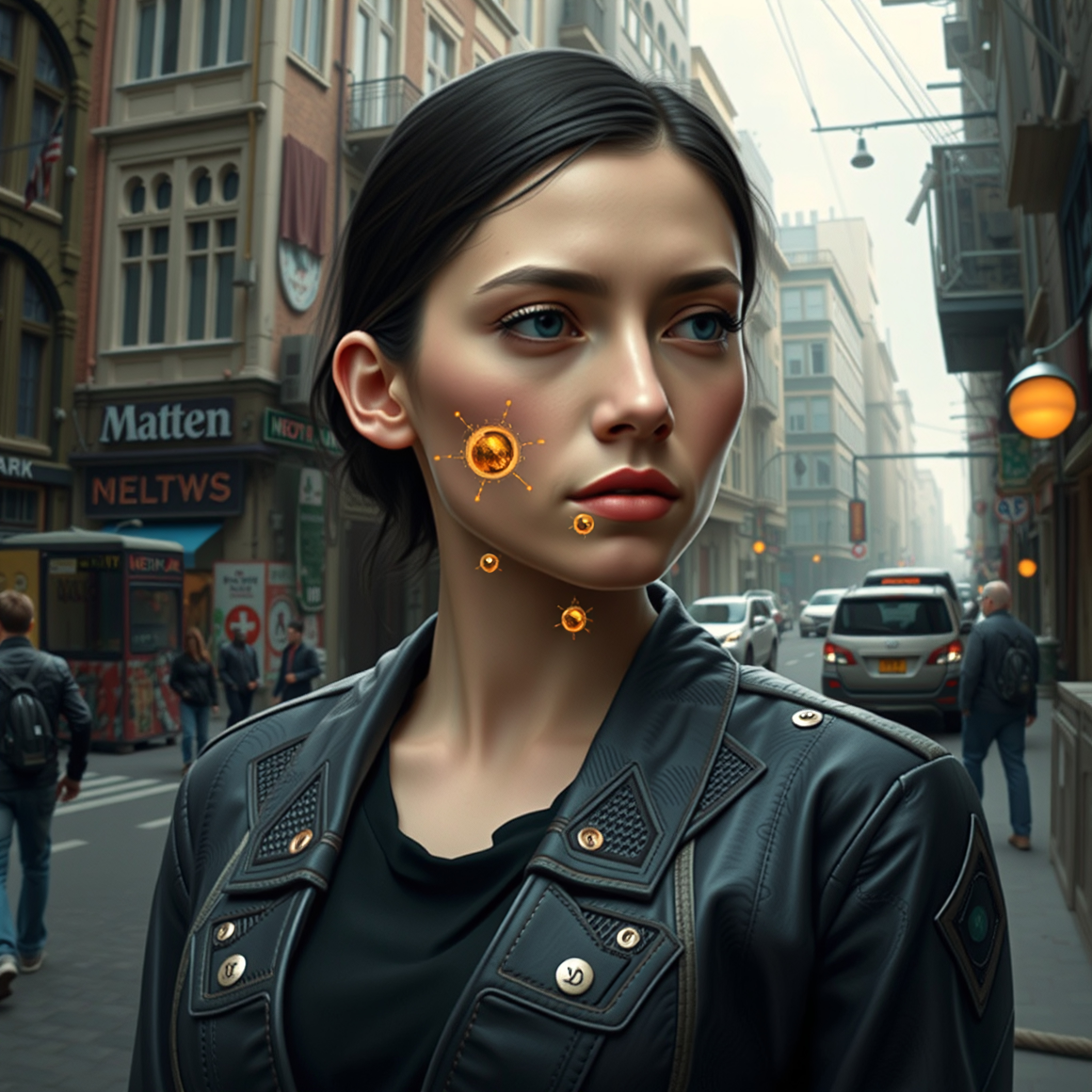Futuristic woman with golden facial tech in urban street scene
