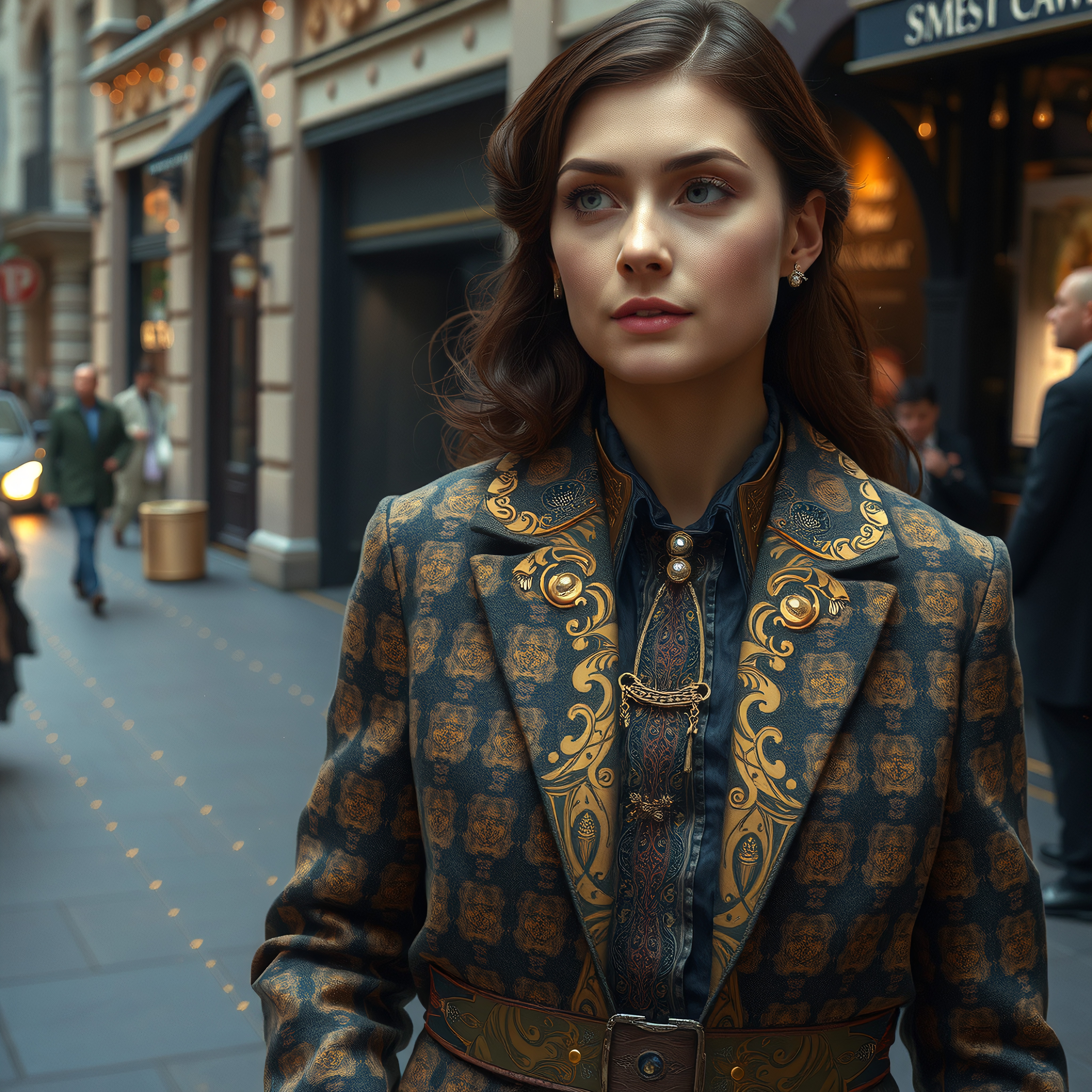 Portrait of an elegant woman in a patterned coat, exuding sophistication in a chic city street.