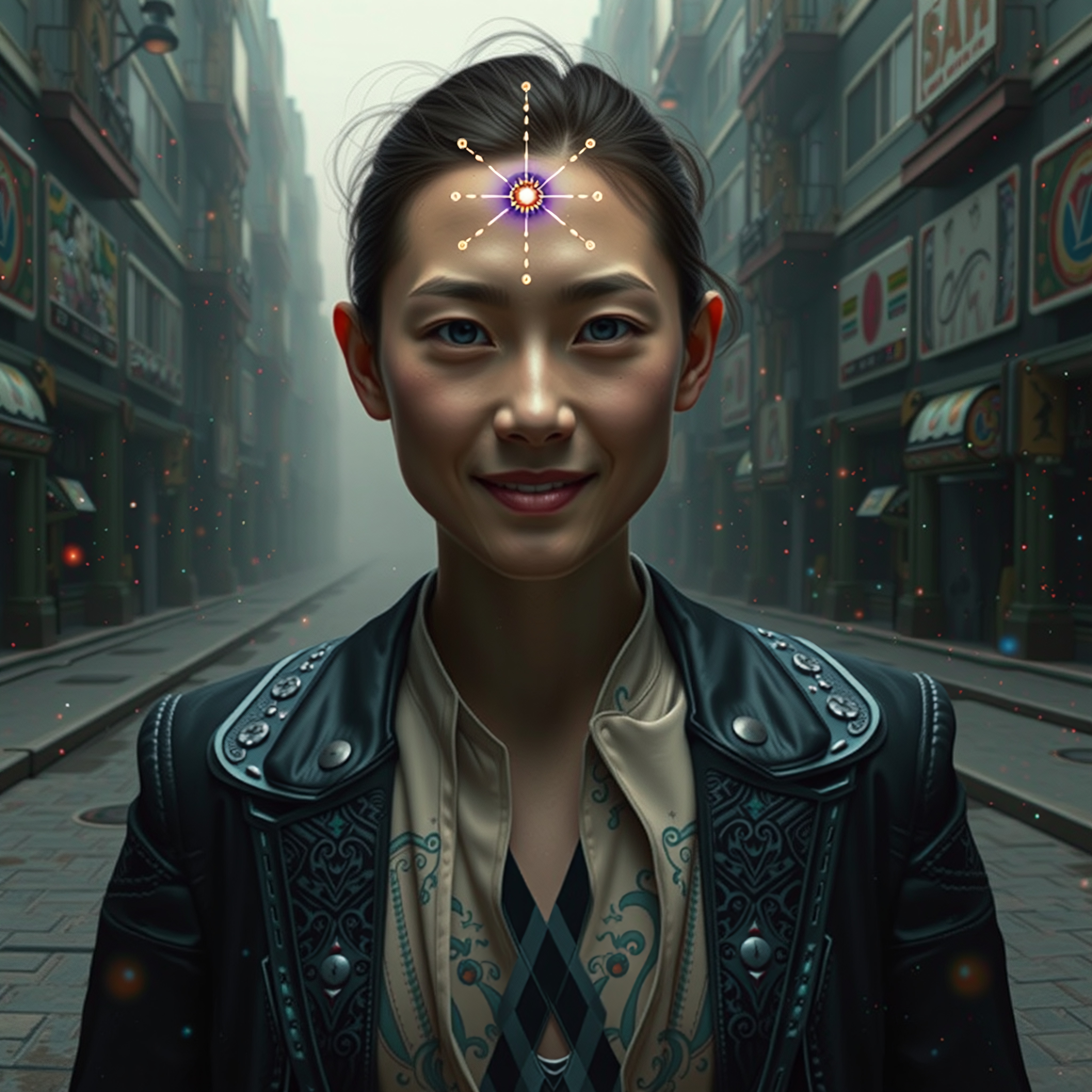 A woman with a glowing symbol on her forehead stands confidently in a foggy, urban street lined with detailed buildings, wearing a leather jacket.