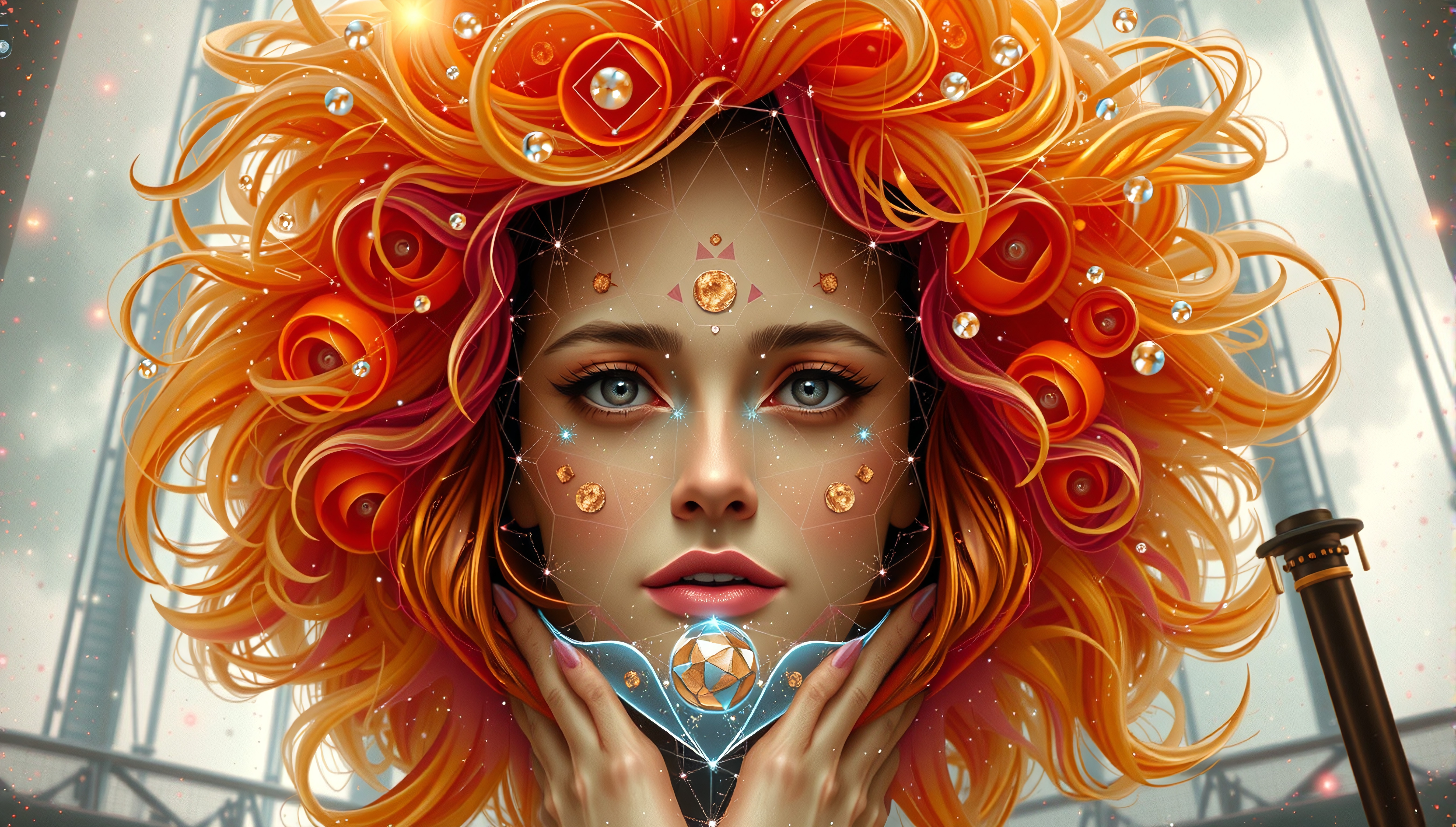 Artistic portrait of a woman with swirling orange hair, adorned with decorative gems and geometric patterns, exuding a celestial and mystical essence.