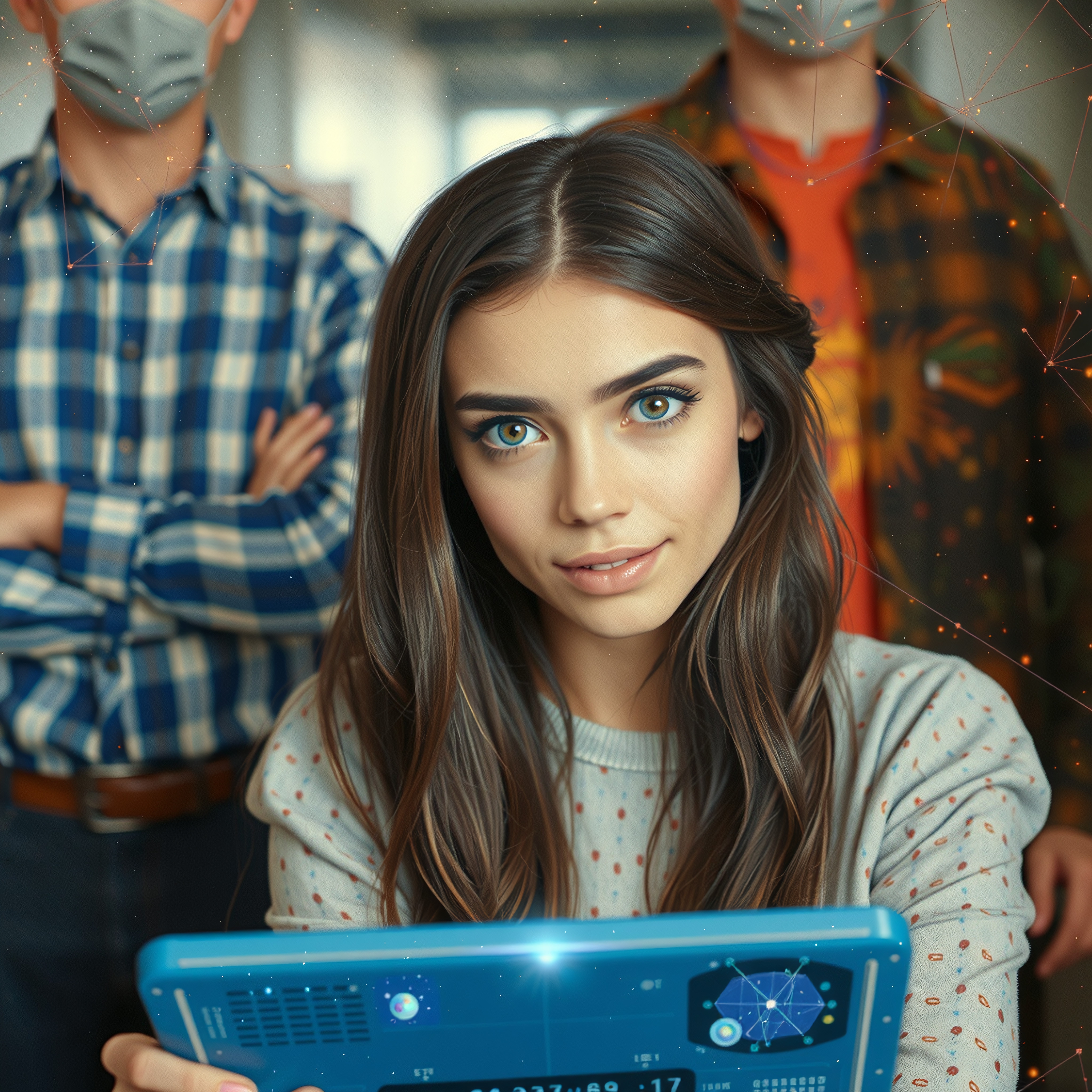 Young woman using a futuristic tablet in a tech environment.