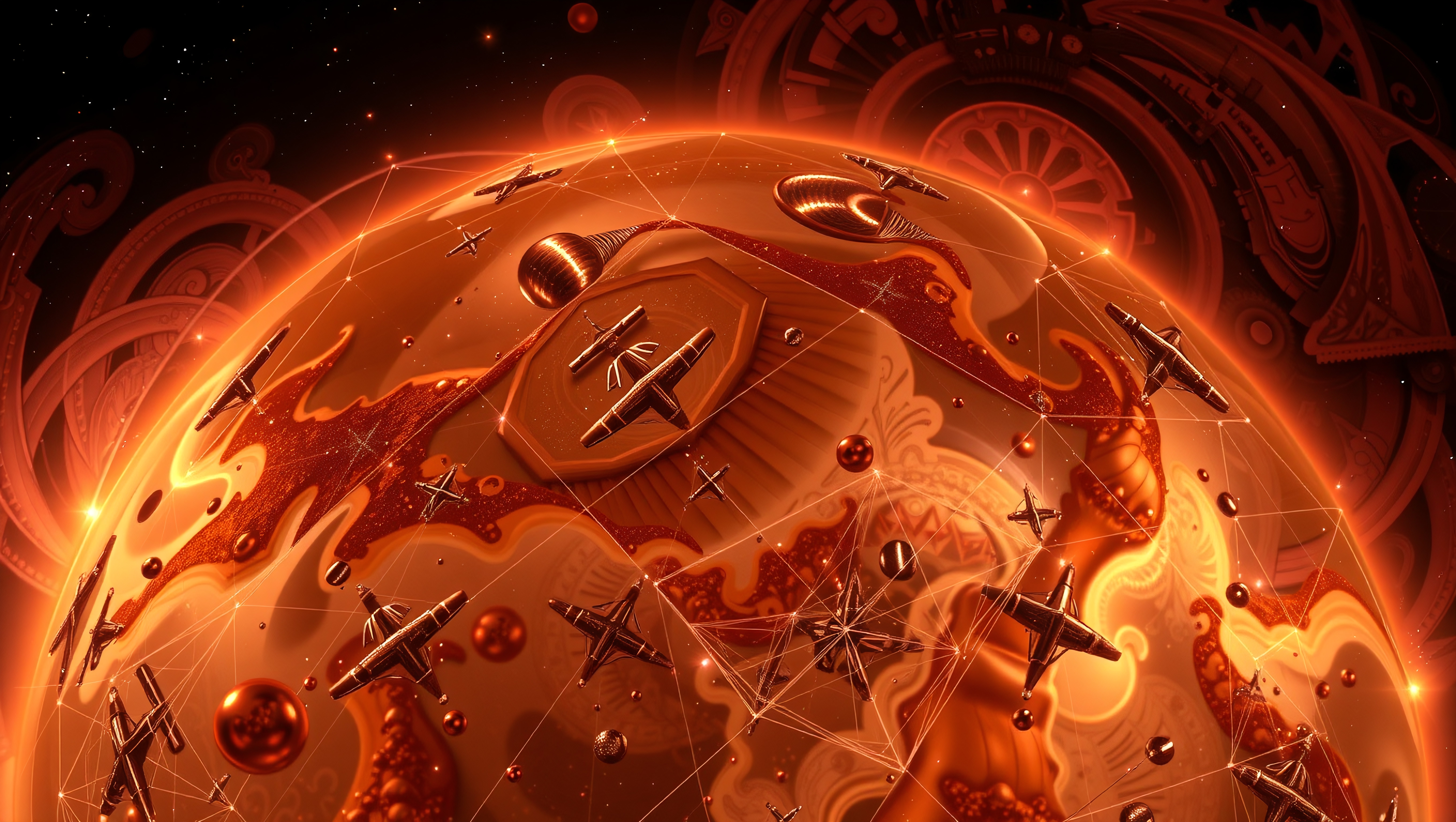 Futuristic red-hued planet with orbiting spacecraft and intricate patterns.