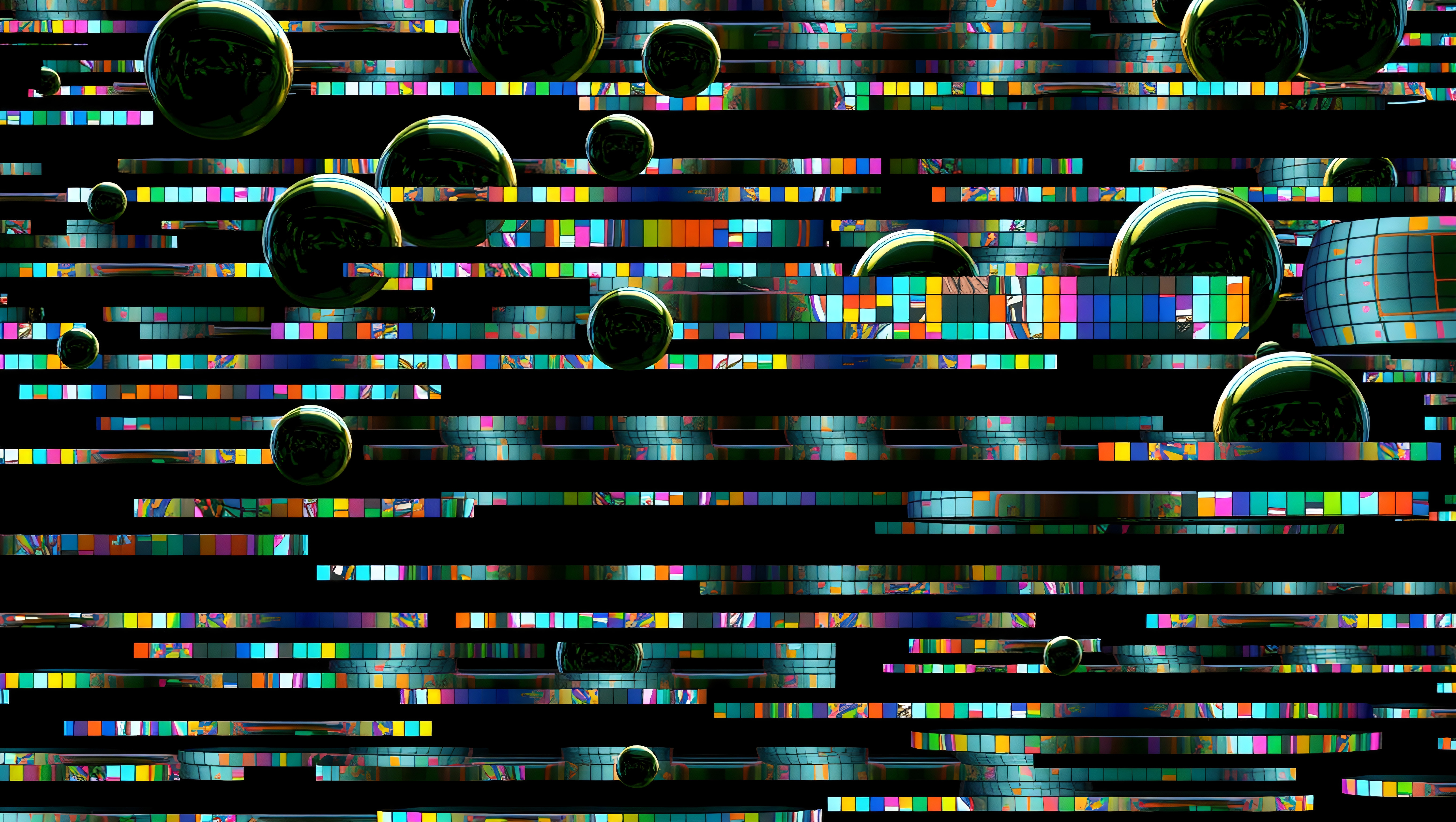 Colorful spheres amid glitchy digital stripes.