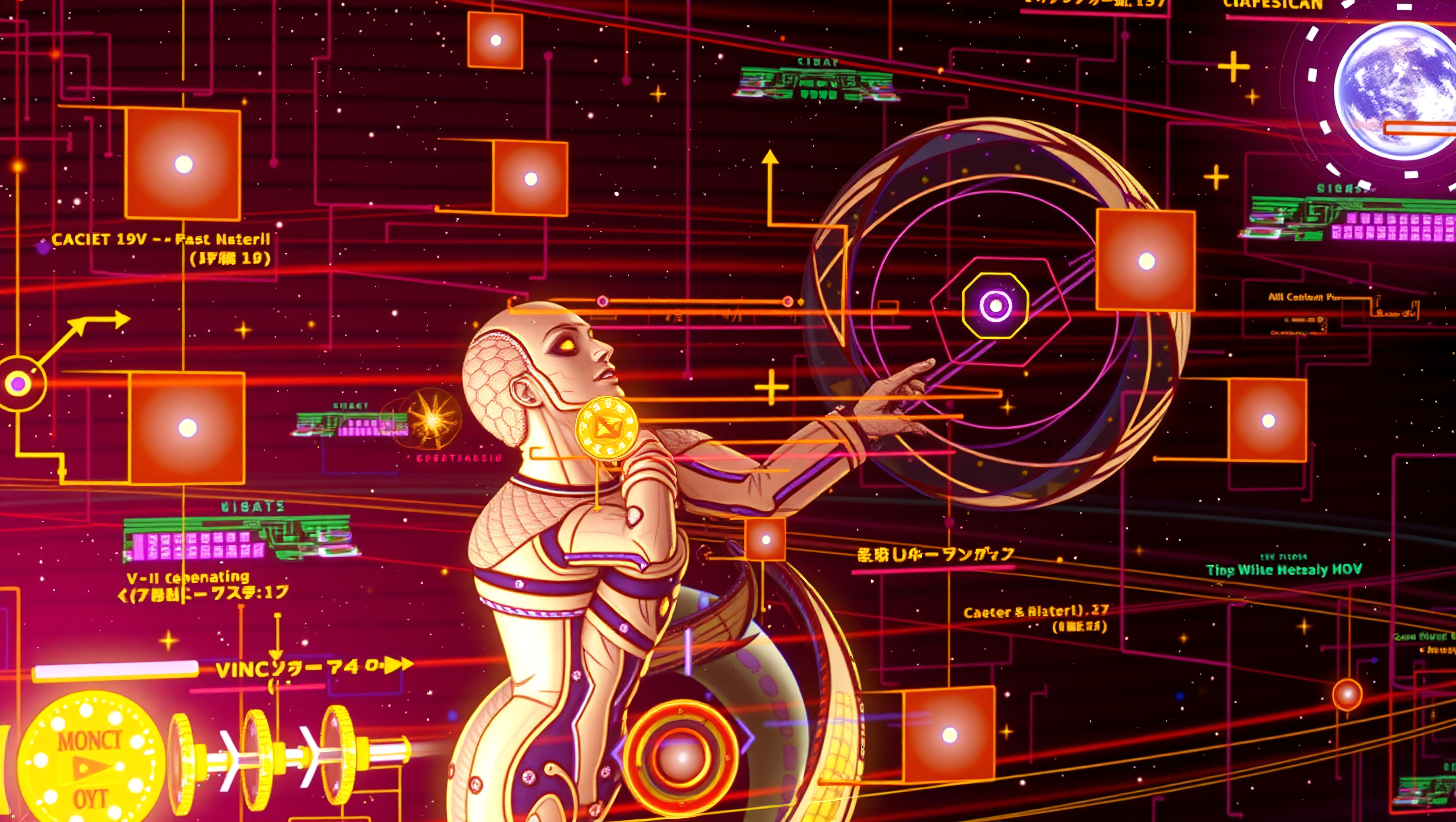 Futuristic Sci-Fi Illustration of a Goddess Analyzing Global Dat