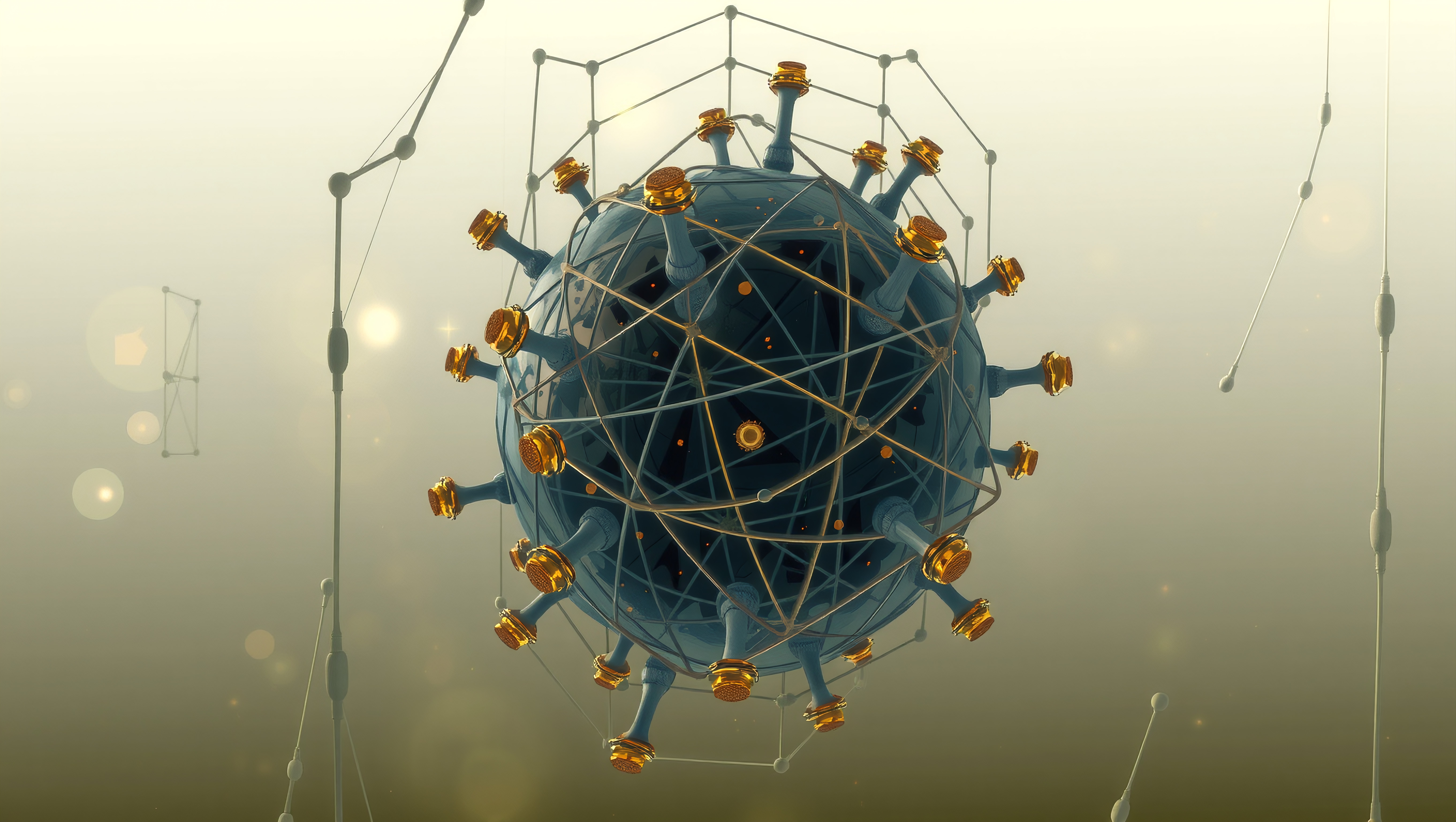 Abstract 3D rendering of a geometric molecular model with golden elements, set against a gradient background.