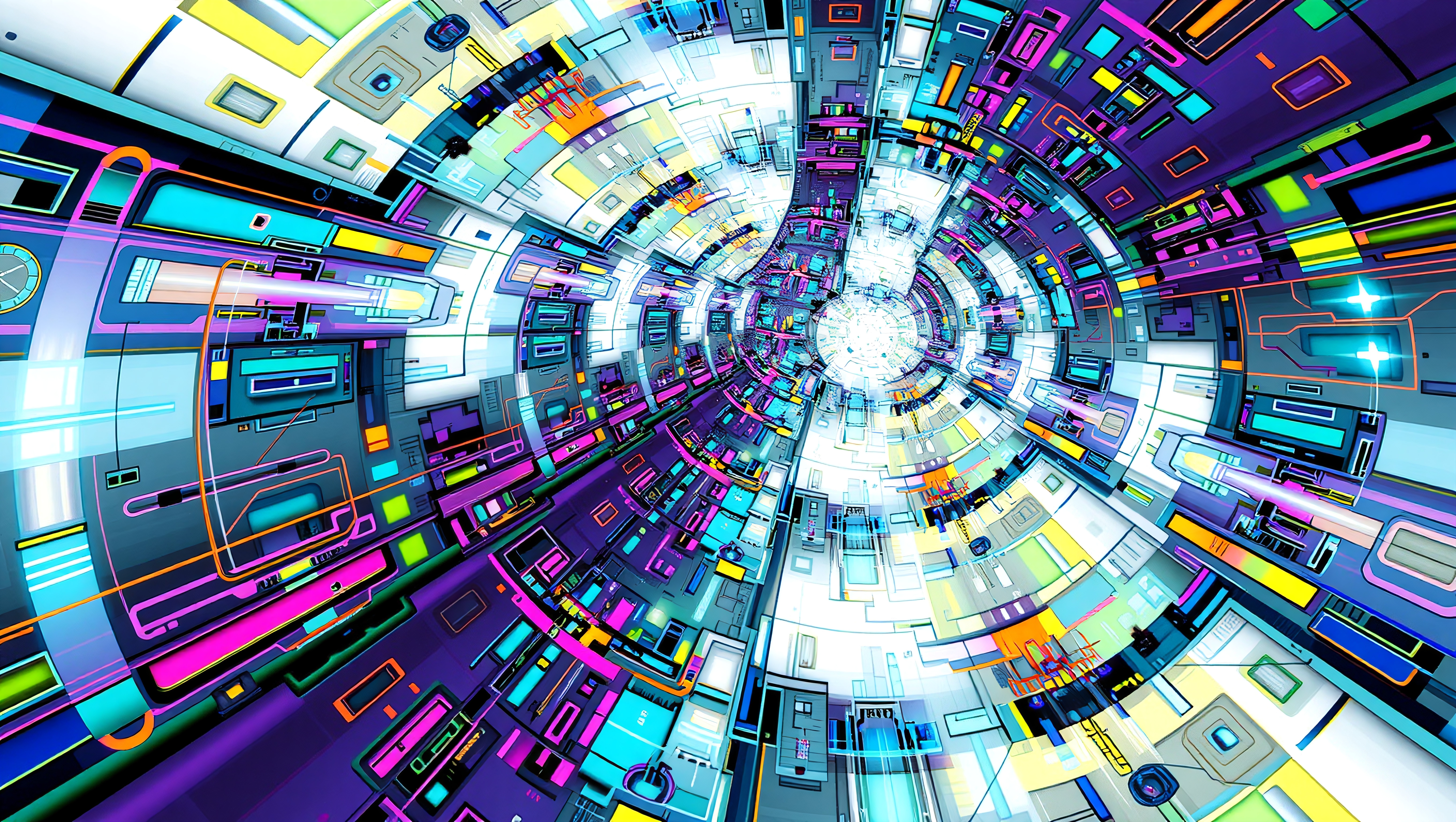 Vibrant geometric tunnel with neon colors and futuristic design.