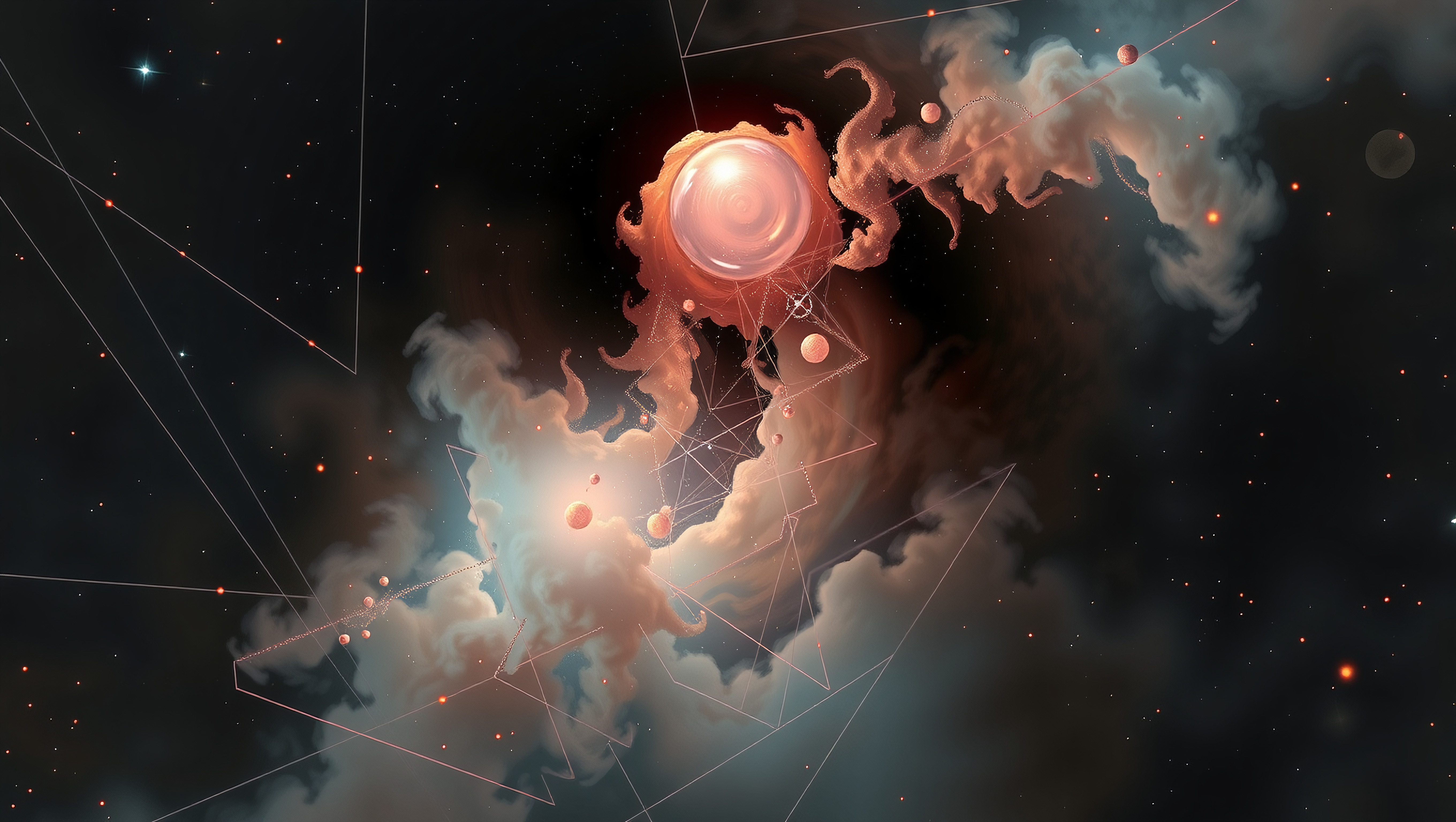 Cosmic nebula illustration with glowing celestial sphere, starry space, geometric lines, and clouds for universe art