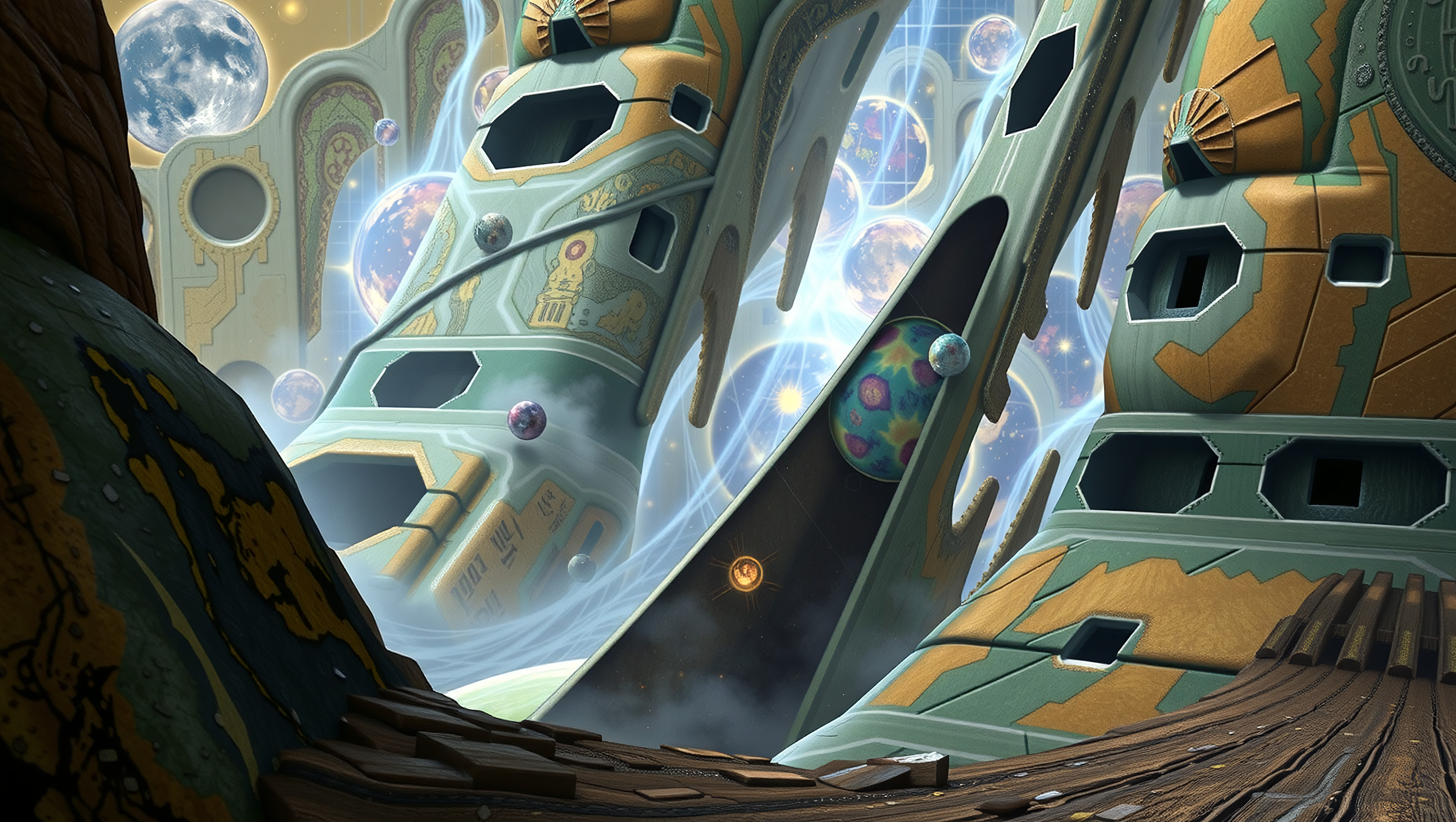 Futuristic alien temple among floating planets in cosmic wonderland scene