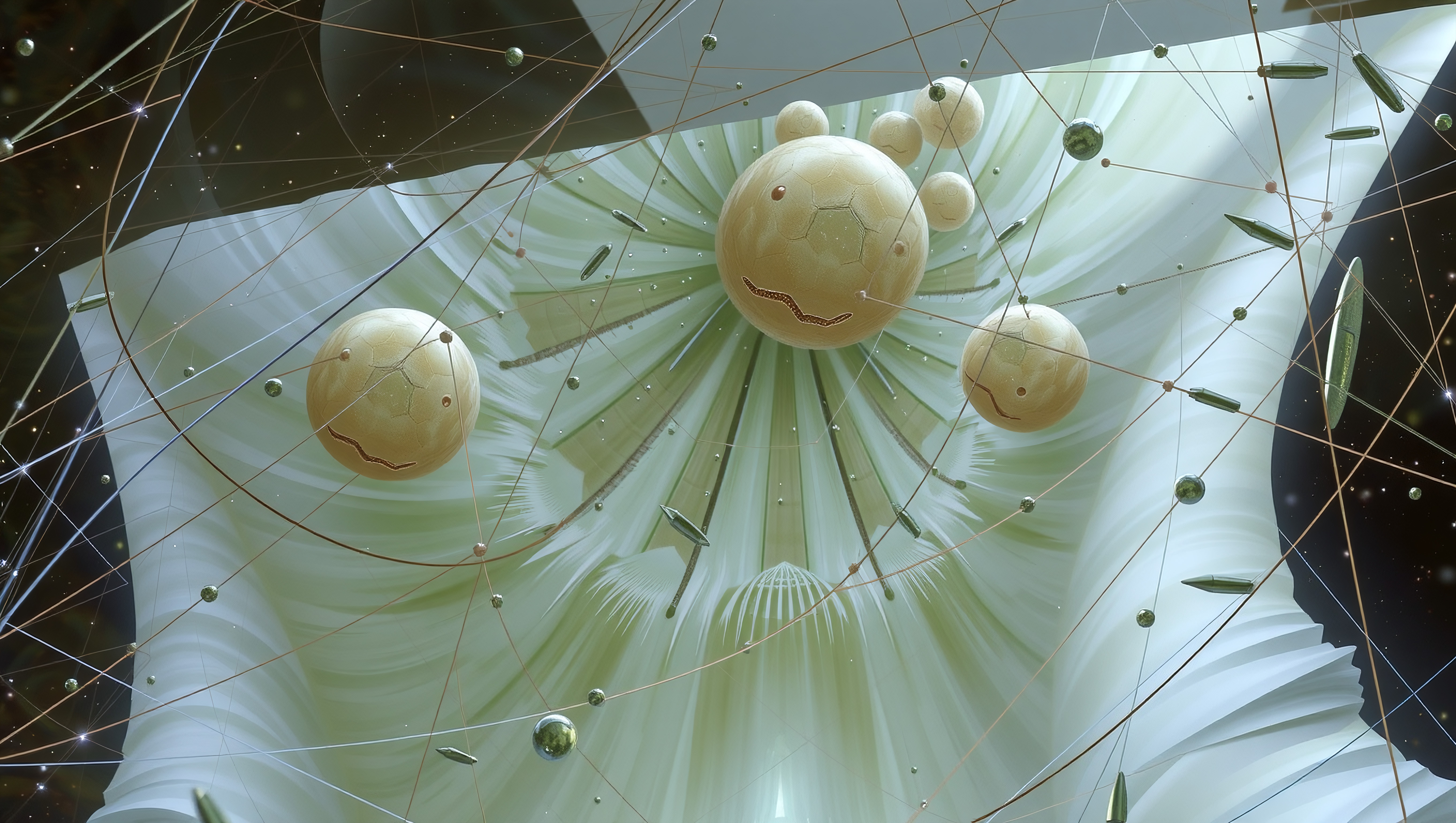 Surreal cosmic installation featuring glowing spheres, interwoven threads, floating projectiles, stylized faces on planets, ethereal white fabric backdrop, dark starry void edges, artistic interpretation of outer space, imaginative sci-fi scenery
