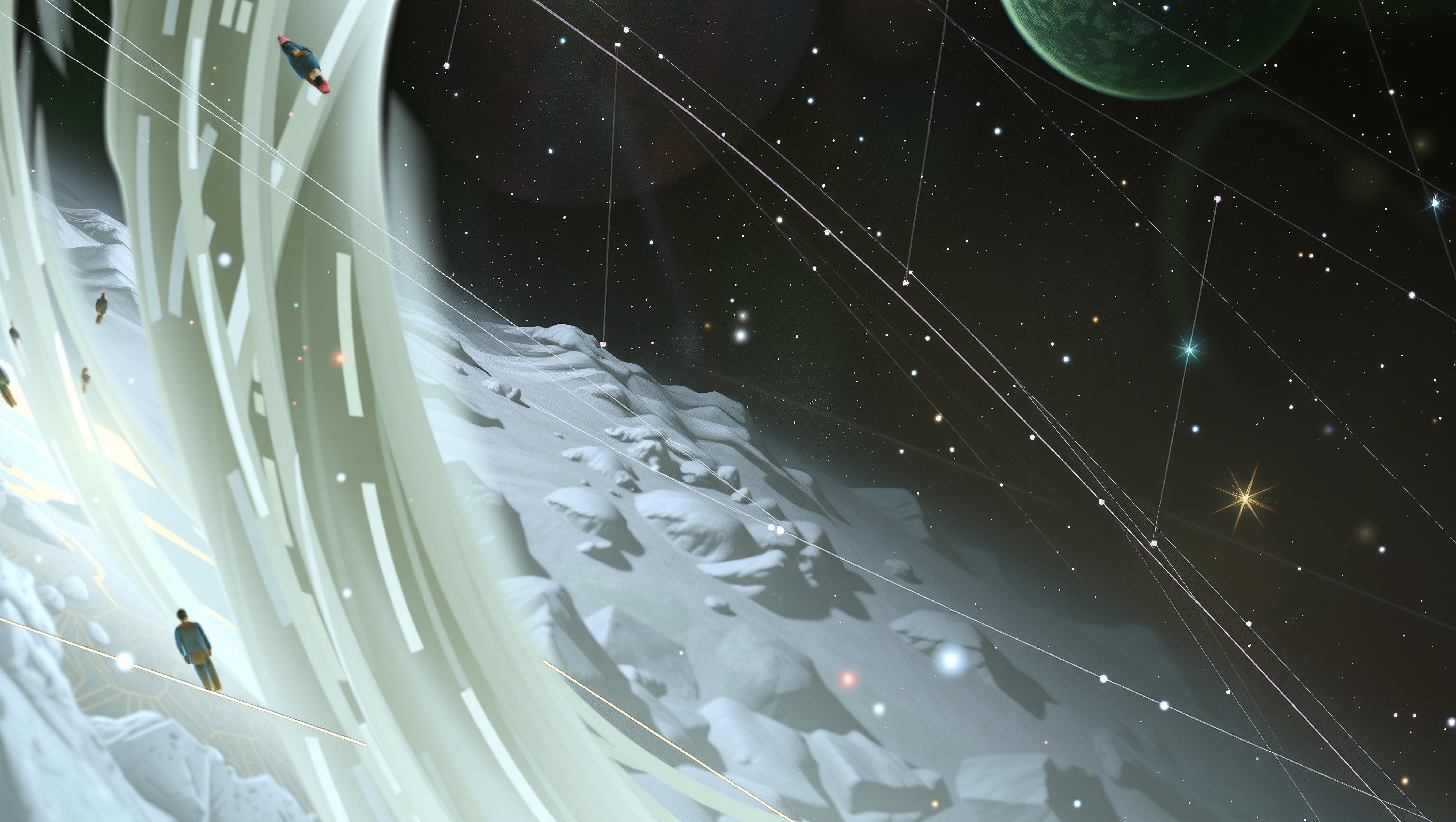 A surreal futuristic landscape with cosmic elements, featuring a green planet and figures exploring a snowy terrain.