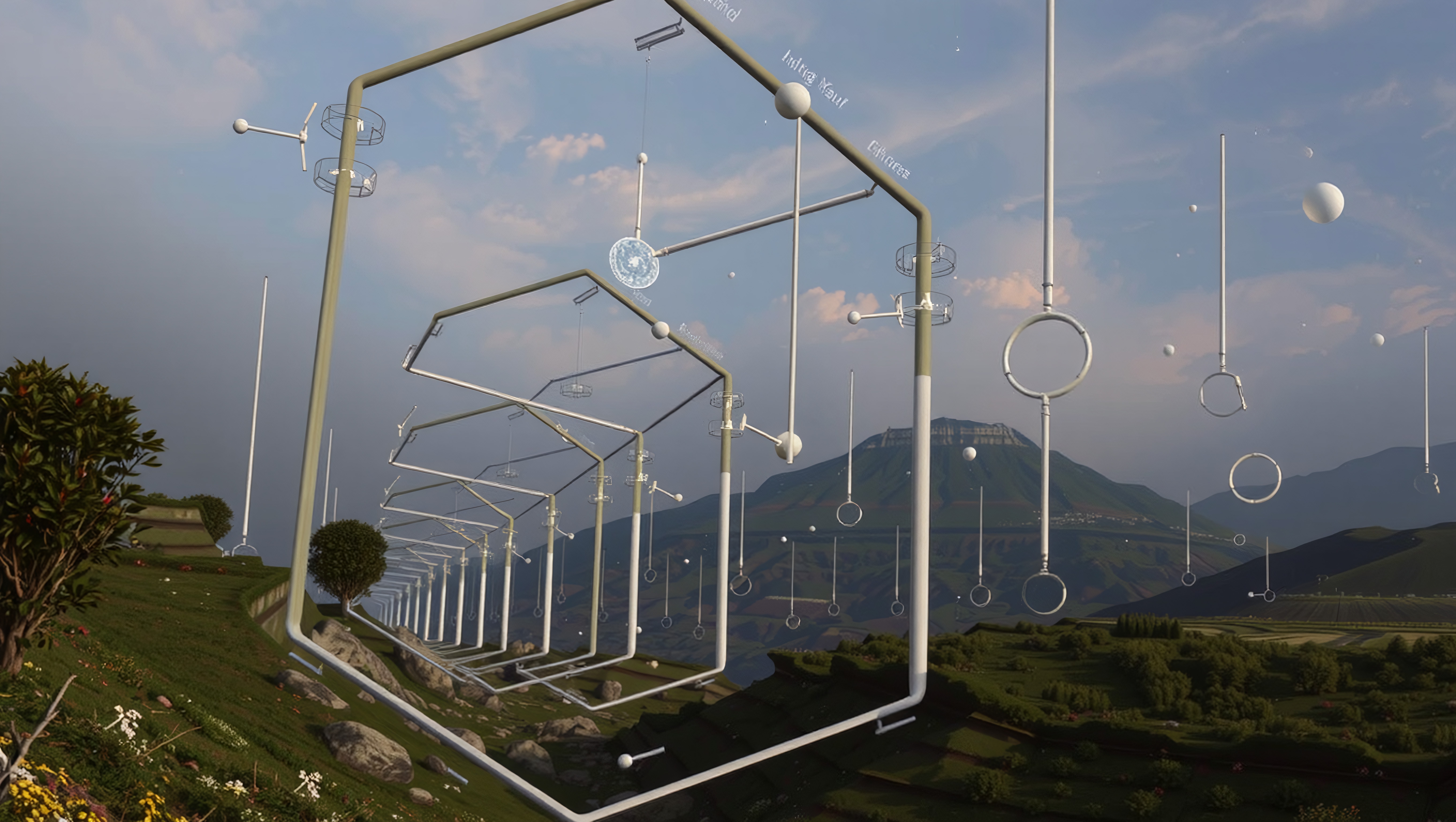 A surreal landscape with geometric structures hovering over green hills and a calm sky.