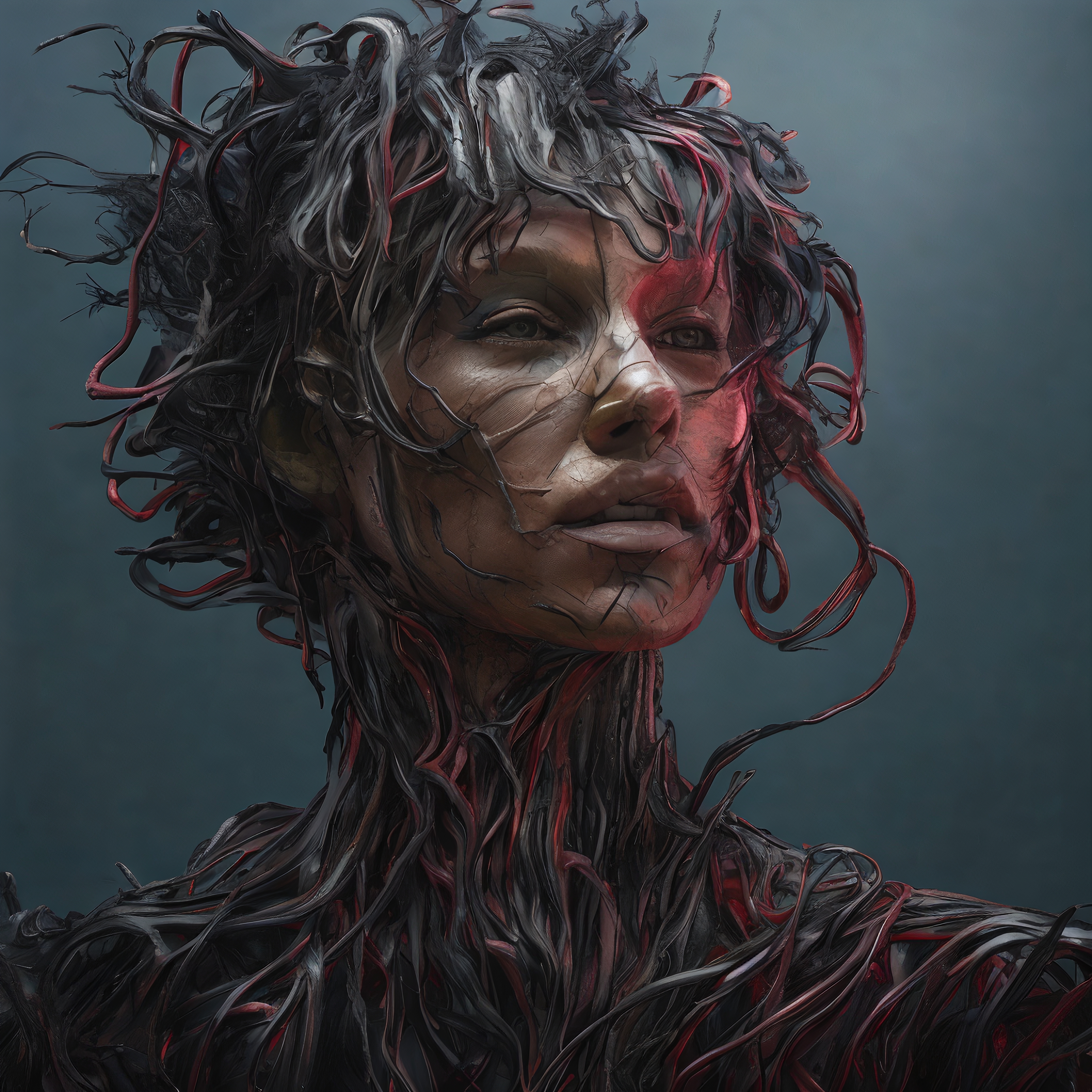 Surreal portrait of a human-machine hybrid with intertwined organic and mechanical elements, featuring dramatic lighting and muted colors.