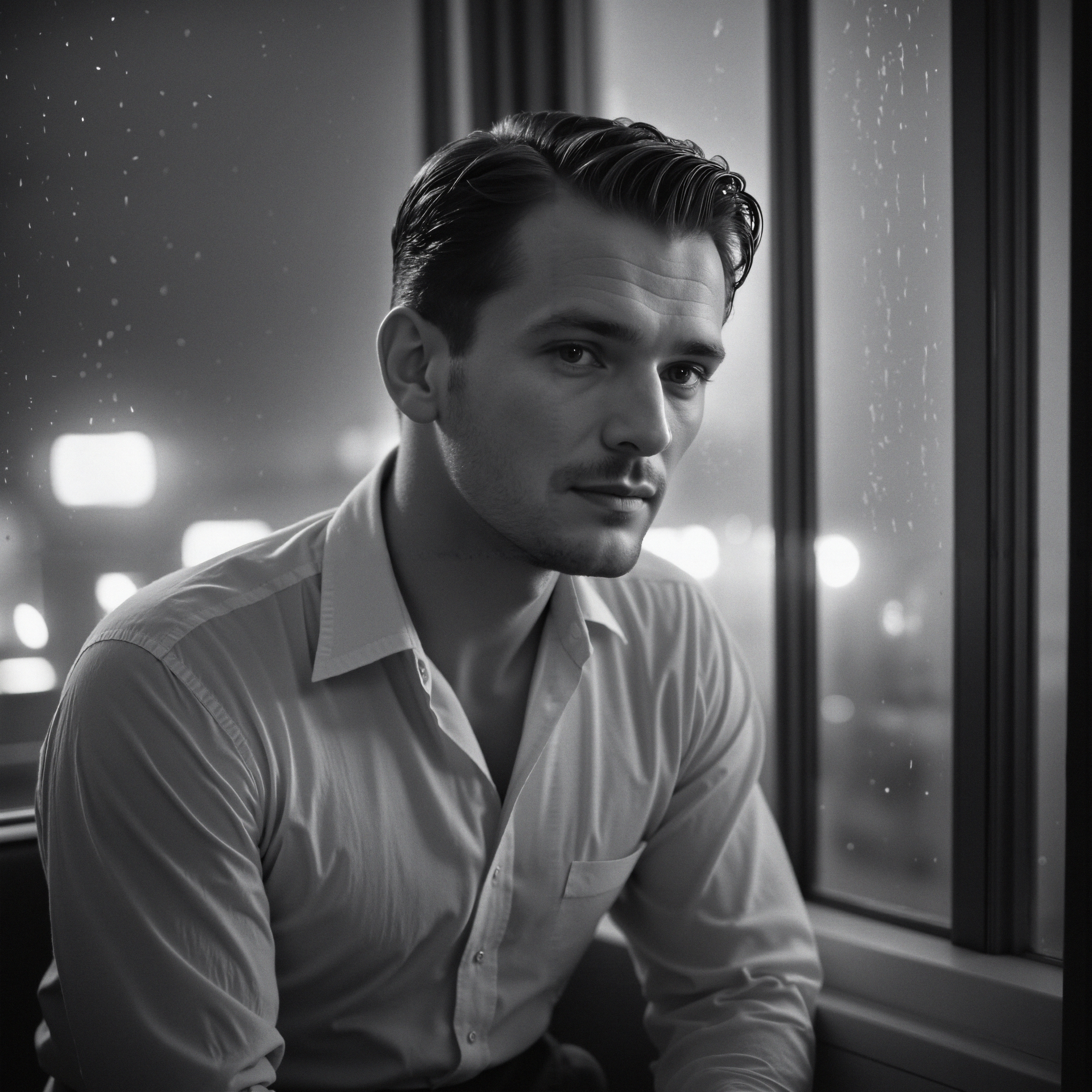 A man gazes out a rainy window, lost in thought, city lights blurred behind.