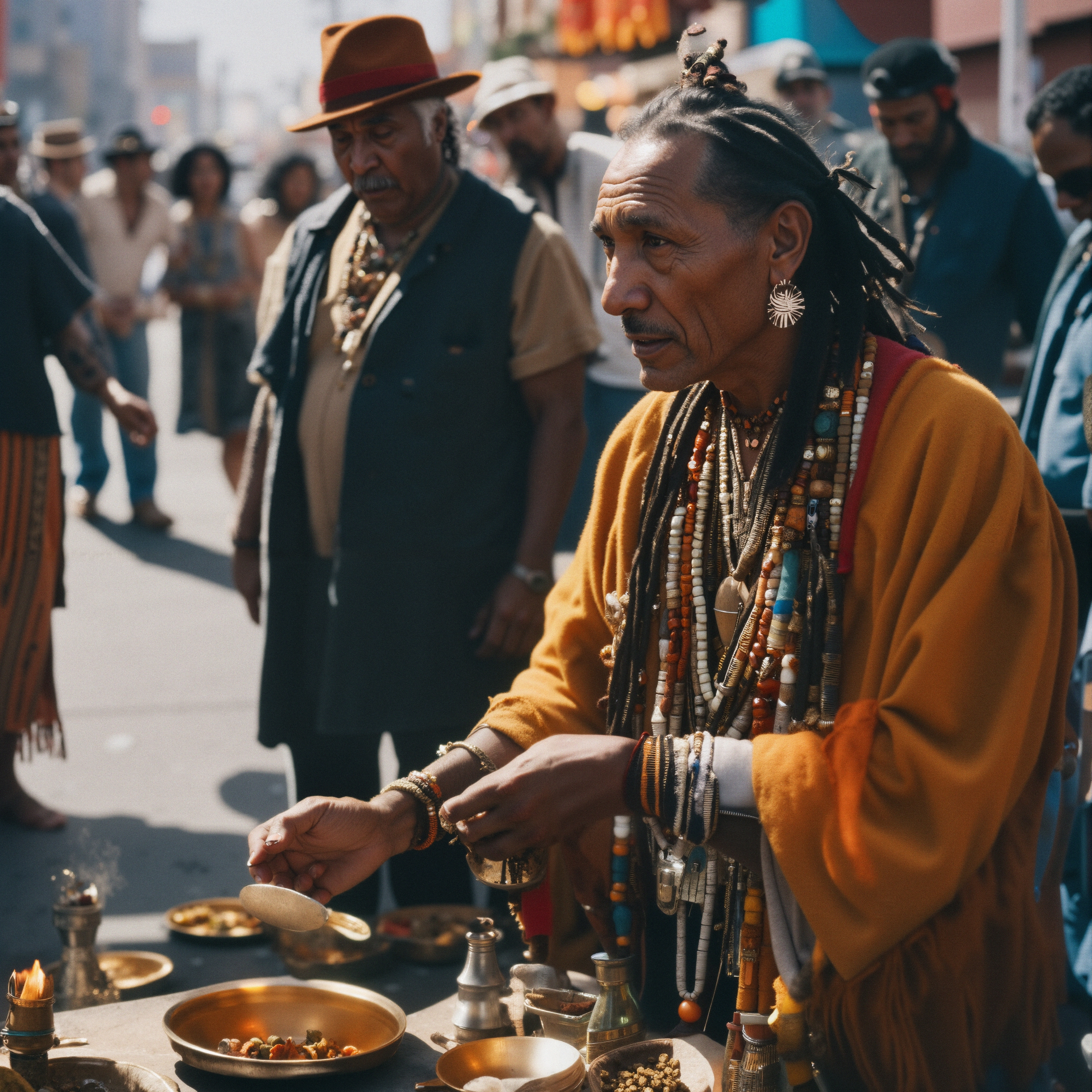 Man performing ritual on busy street, wearing traditional clothing and surrounded by onlookers.
