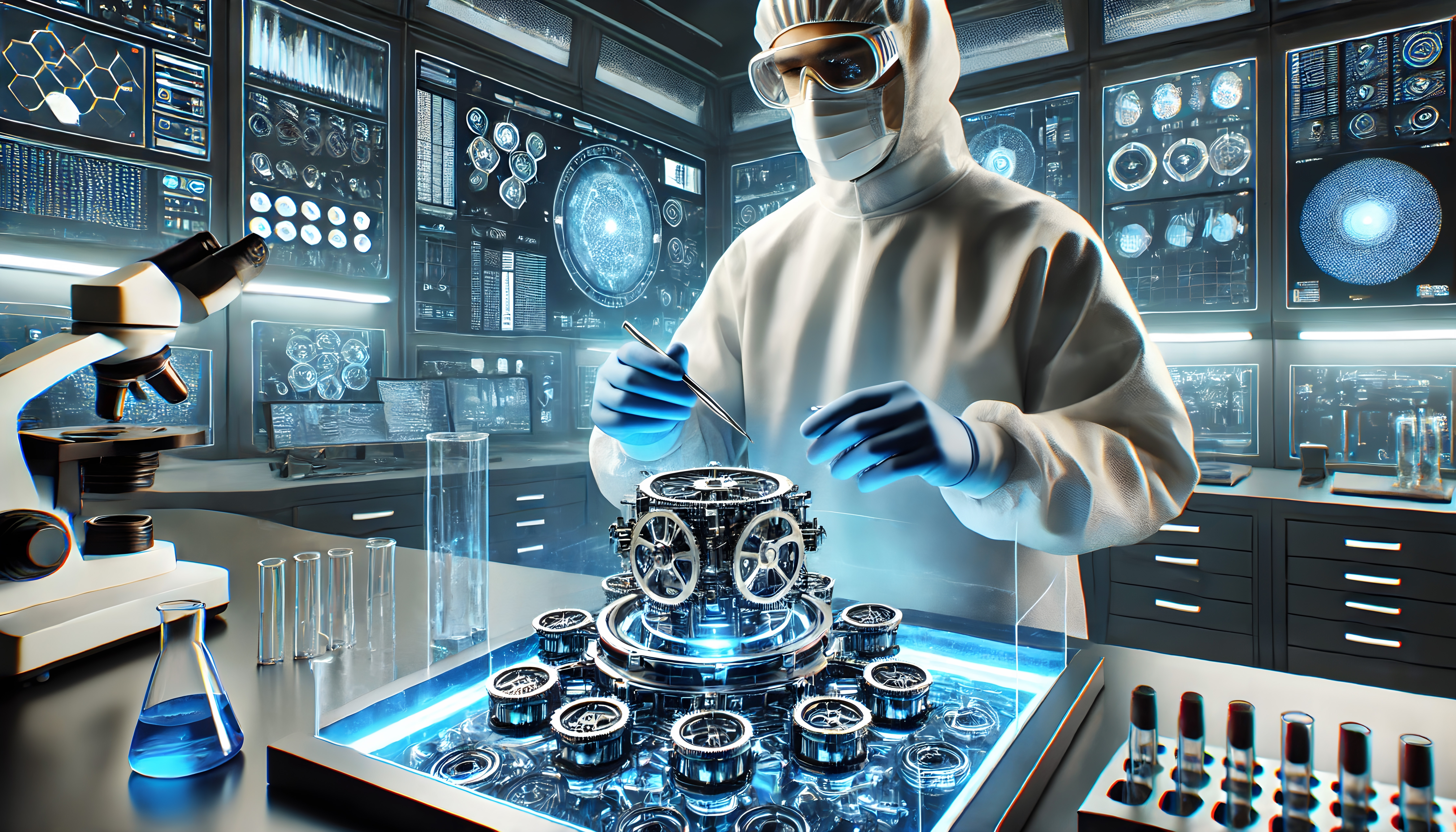 A scientist in a futuristic lab manipulates a mechanical device with precision tools, surrounded by data screens.