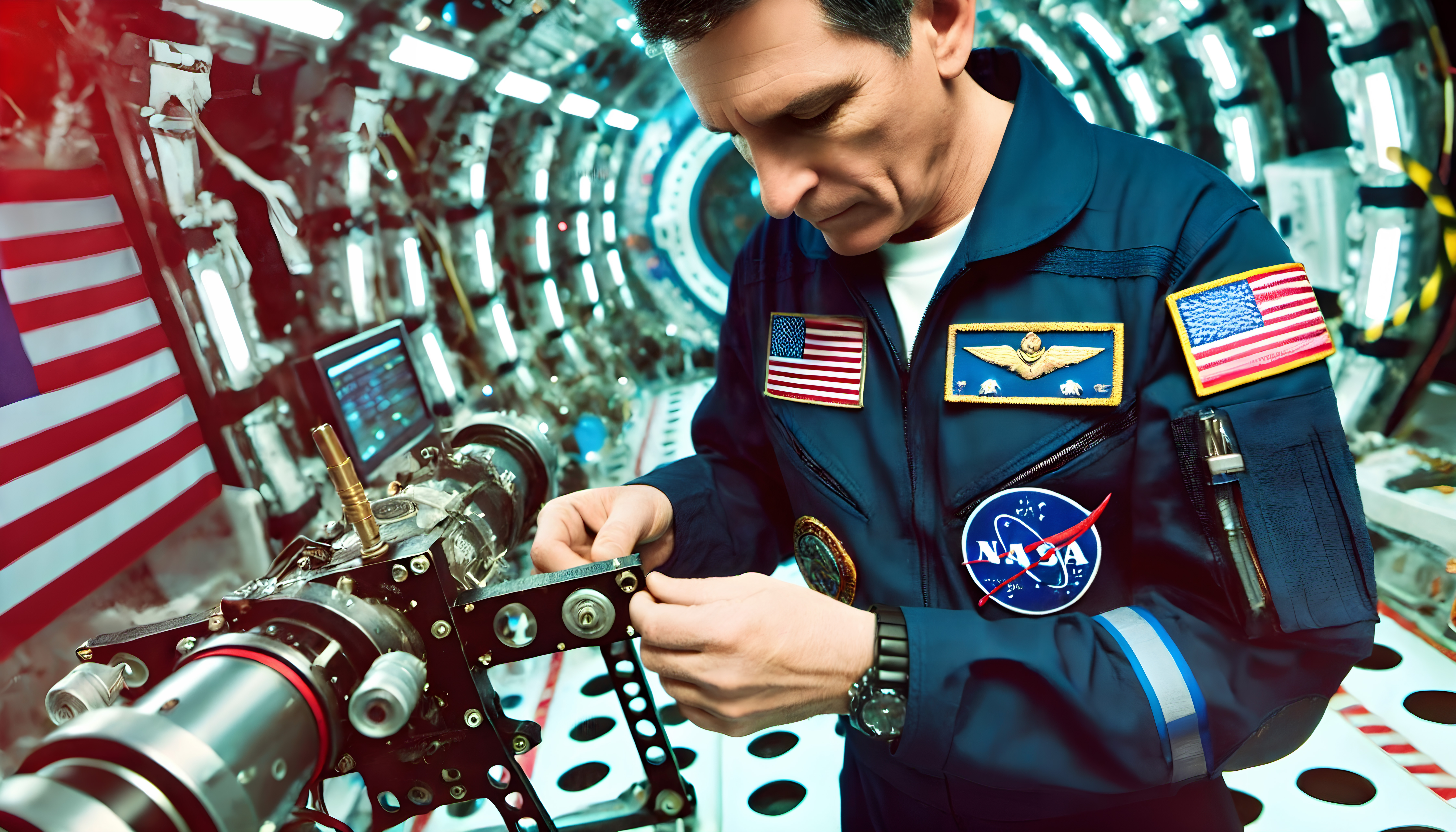 NASA astronaut performs critical equipment maintenance inside space station cabin