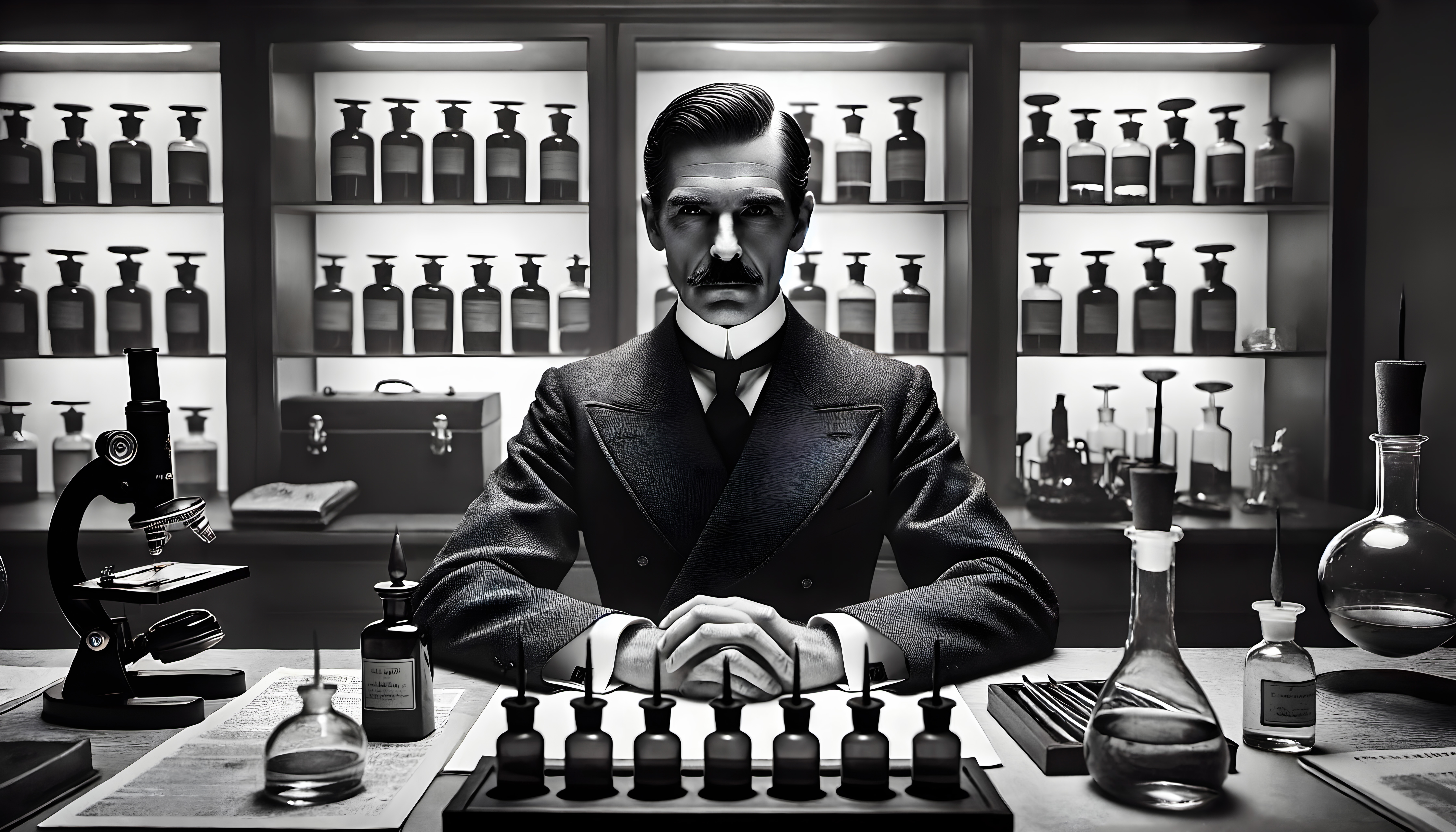 Monochrome image of a vintage scientist in a laboratory with symmetrical glass bottles, microscope, and equipment.