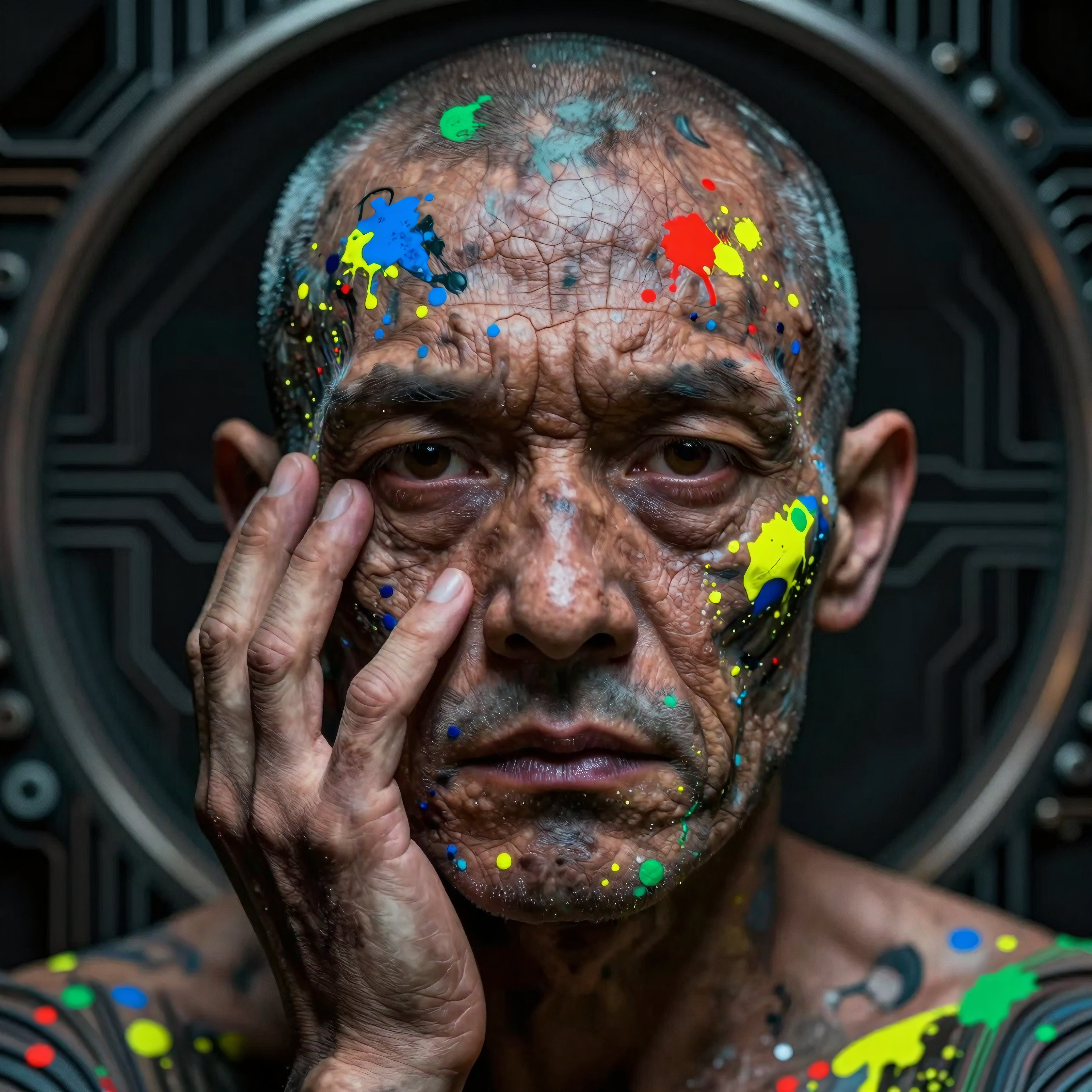 Elderly artist painted face in colorful chaos near mechanical backdrop