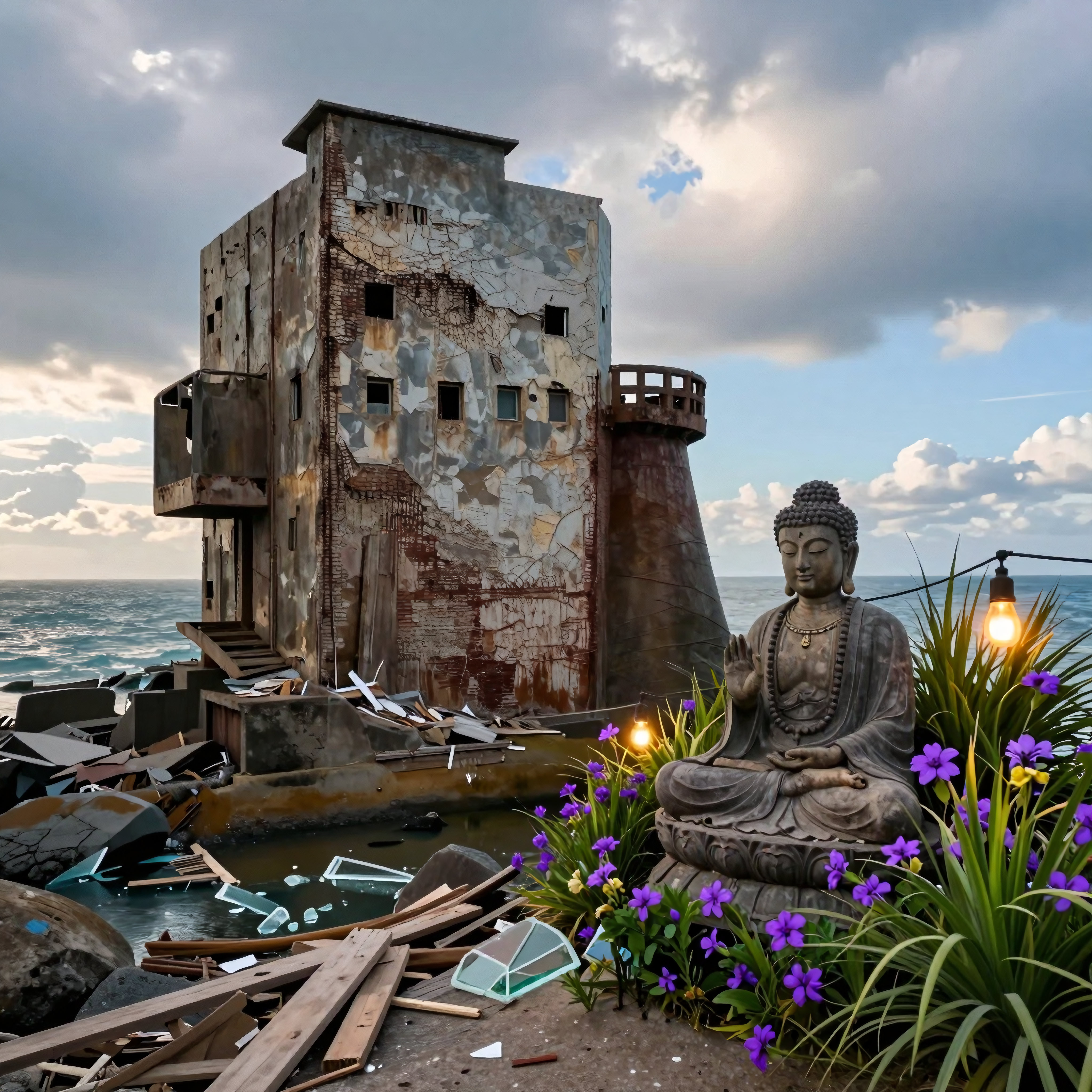 Abandoned coastal ruin with cracked walls, serene Buddha statue surrounded by purple flowers and ocean backdrop