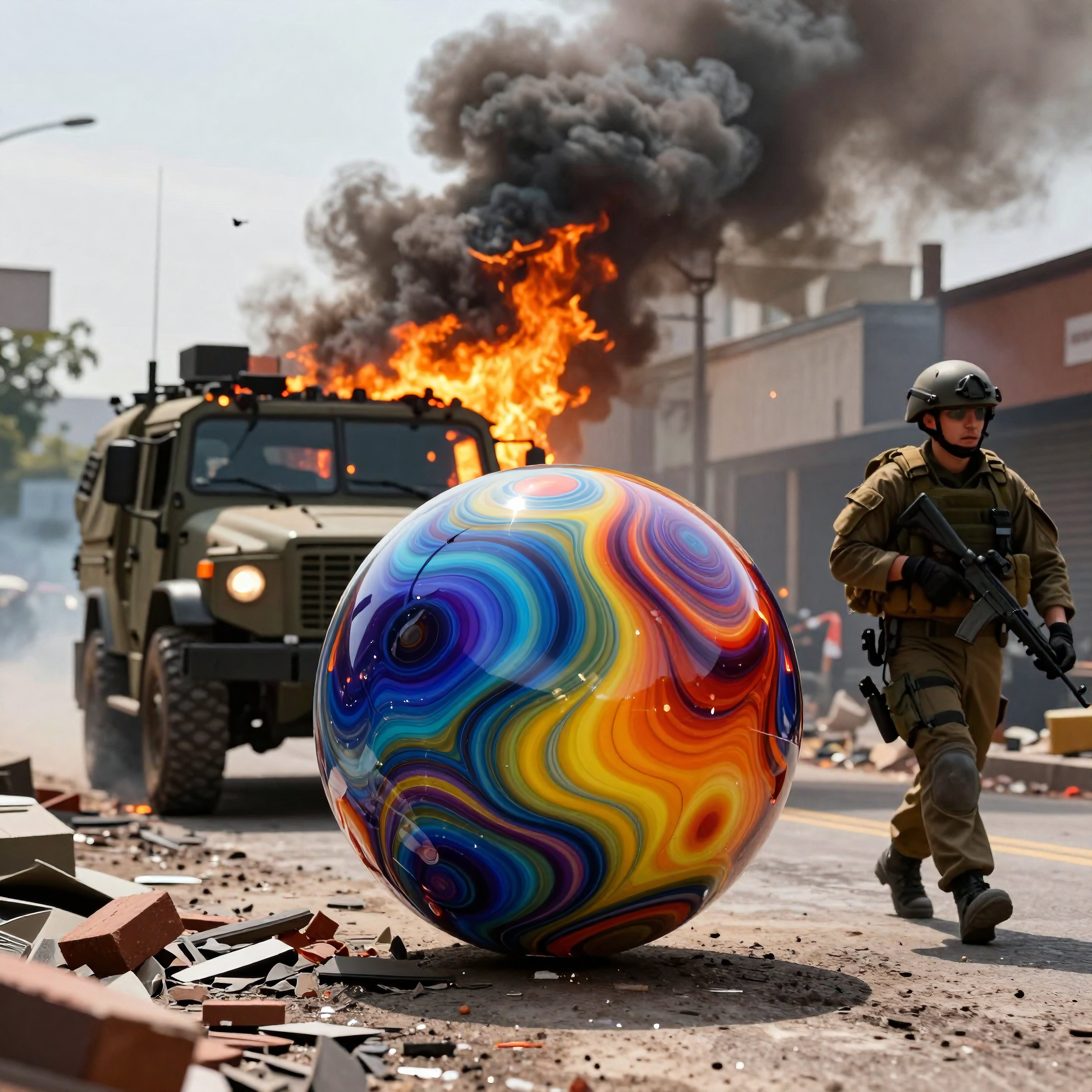Soldier walks past fiery wreck beside psychedelic orb in ruined cityscape