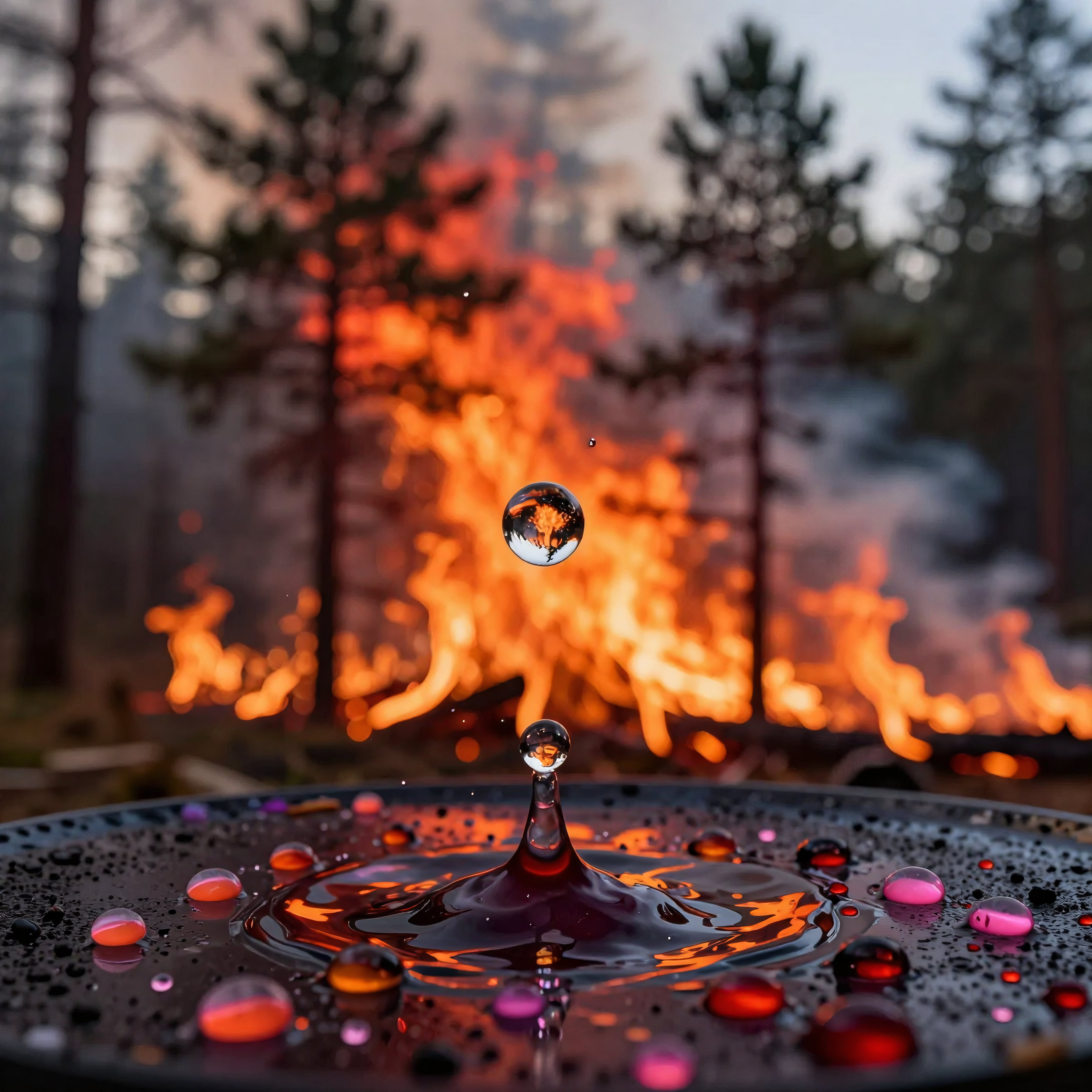 Water droplet reflecting wildfire over dark pond surface during sunset