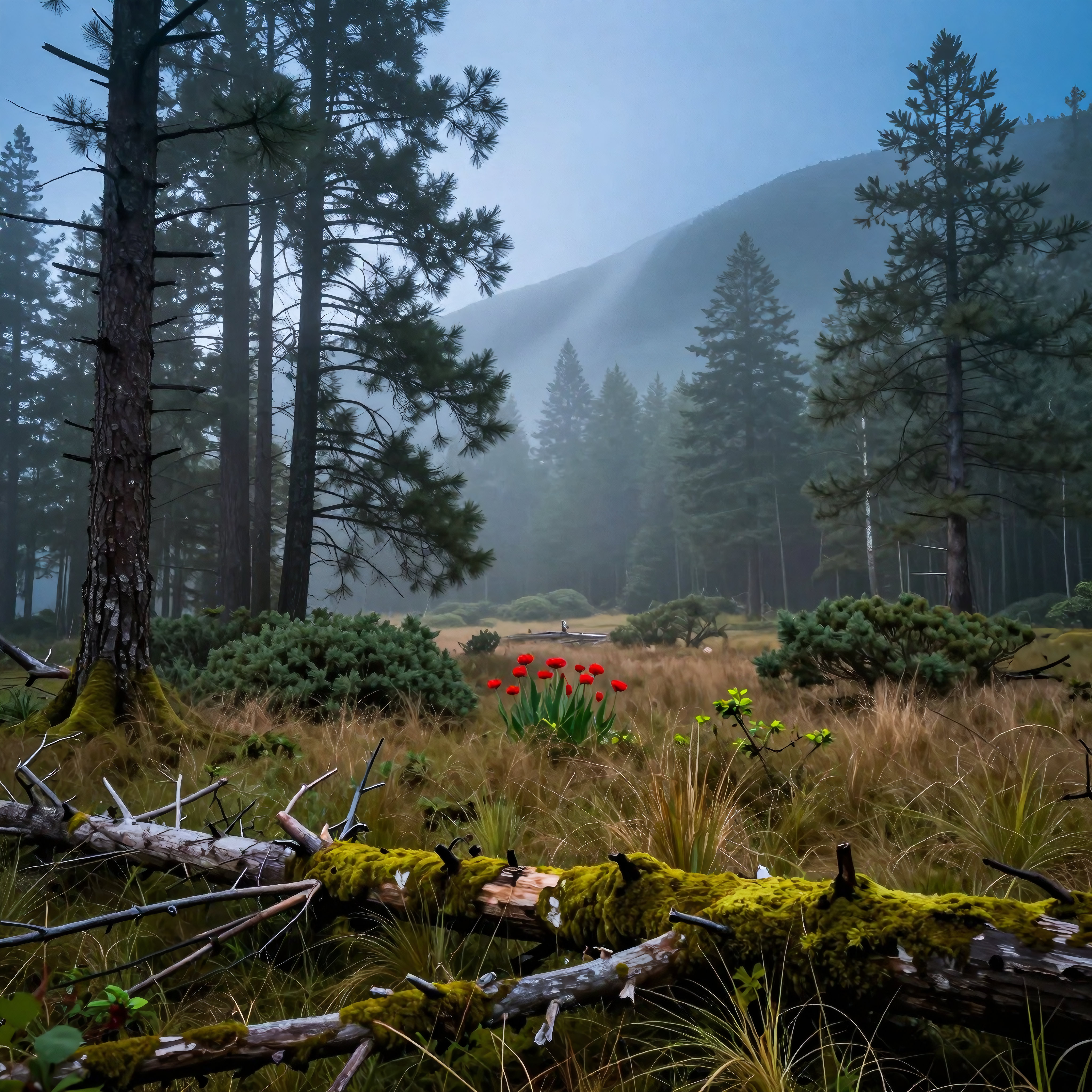 Serene misty forest with pines, red flowers, mossy logs, and mountain backdrop perfect for nature lovers seeking peaceful outdoor escape