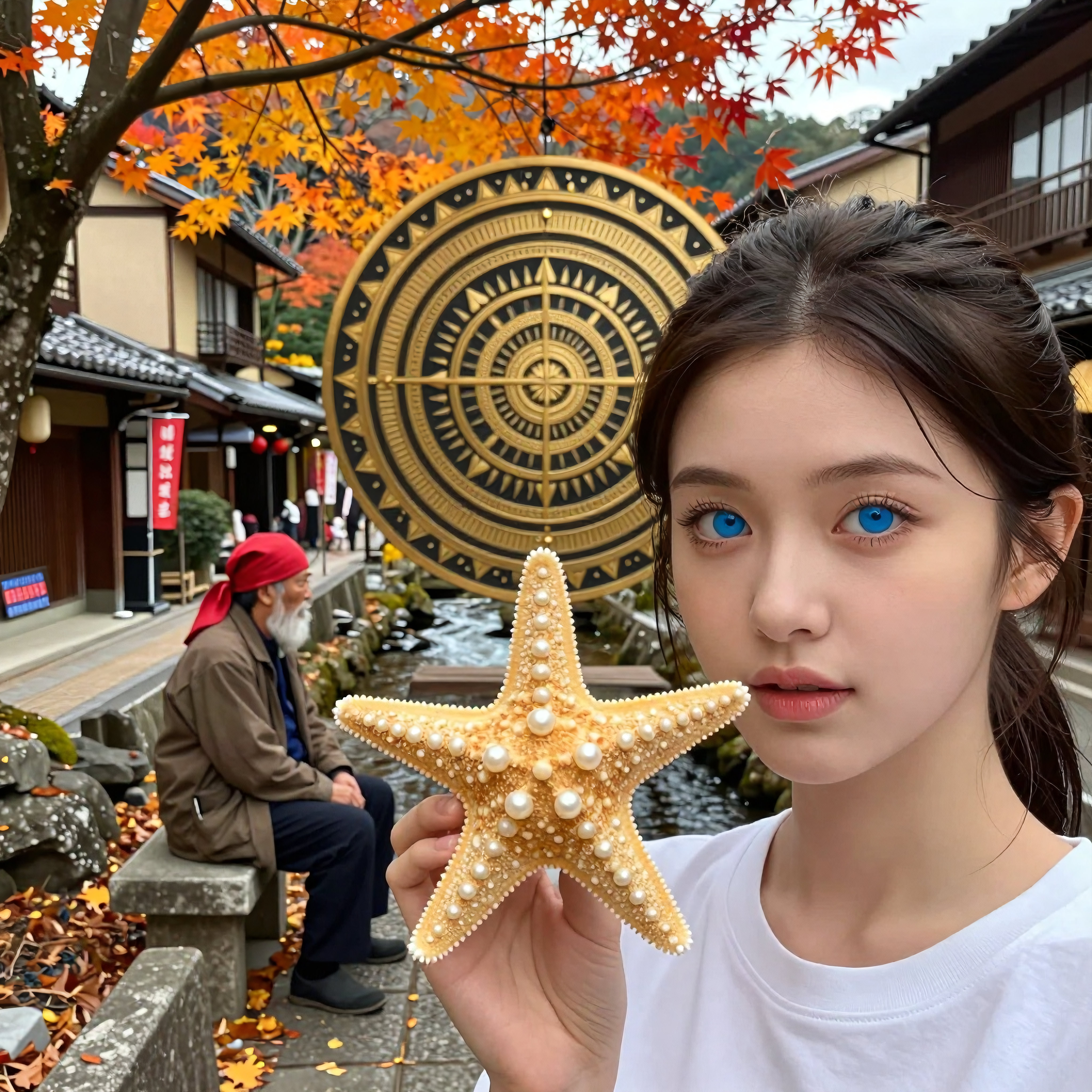 Girl holding pearl-adorned starfish near autumnal Japanese town scenery