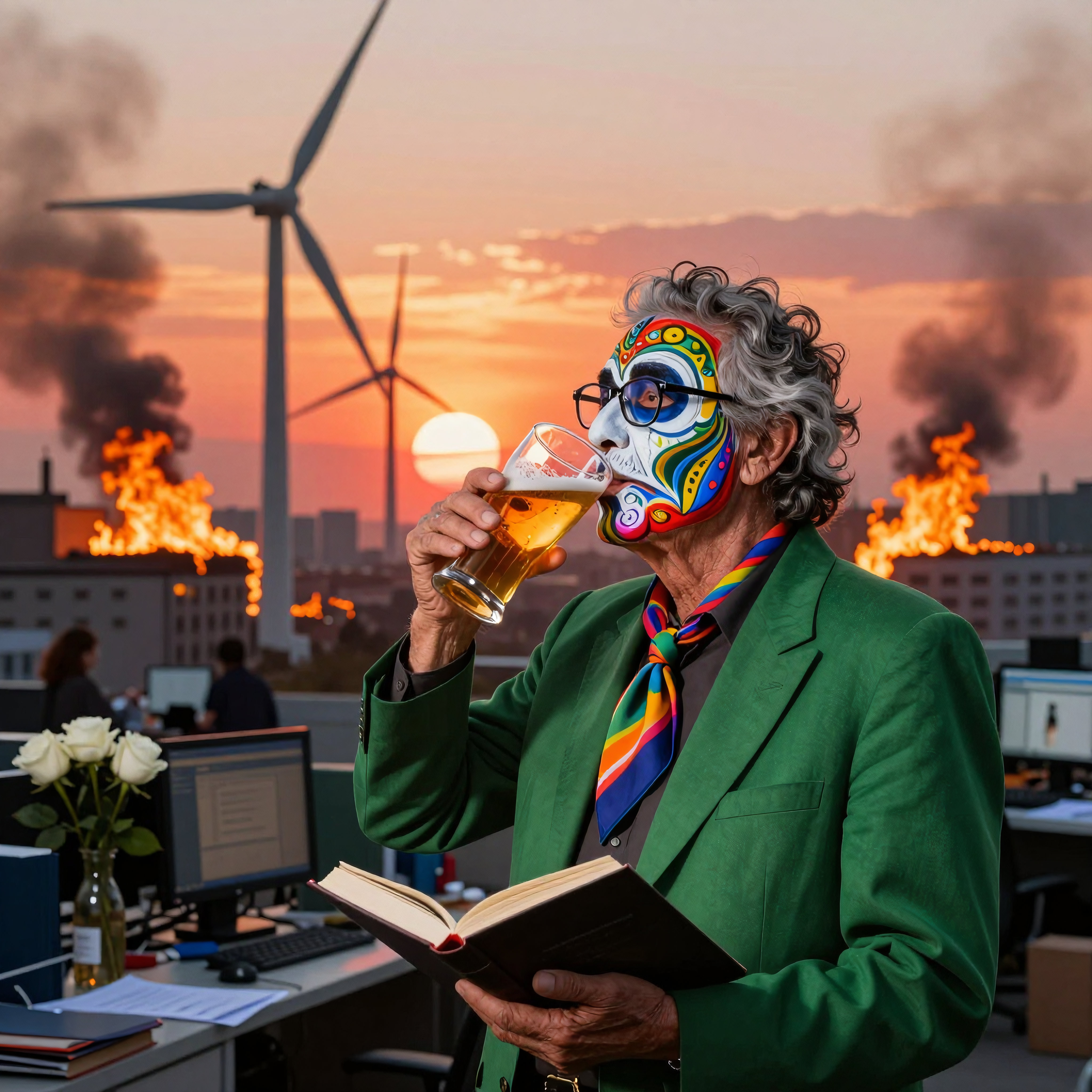 Elderly man drinking beer wearing sugar skull mask reading book in chaotic burning office rooftop scene