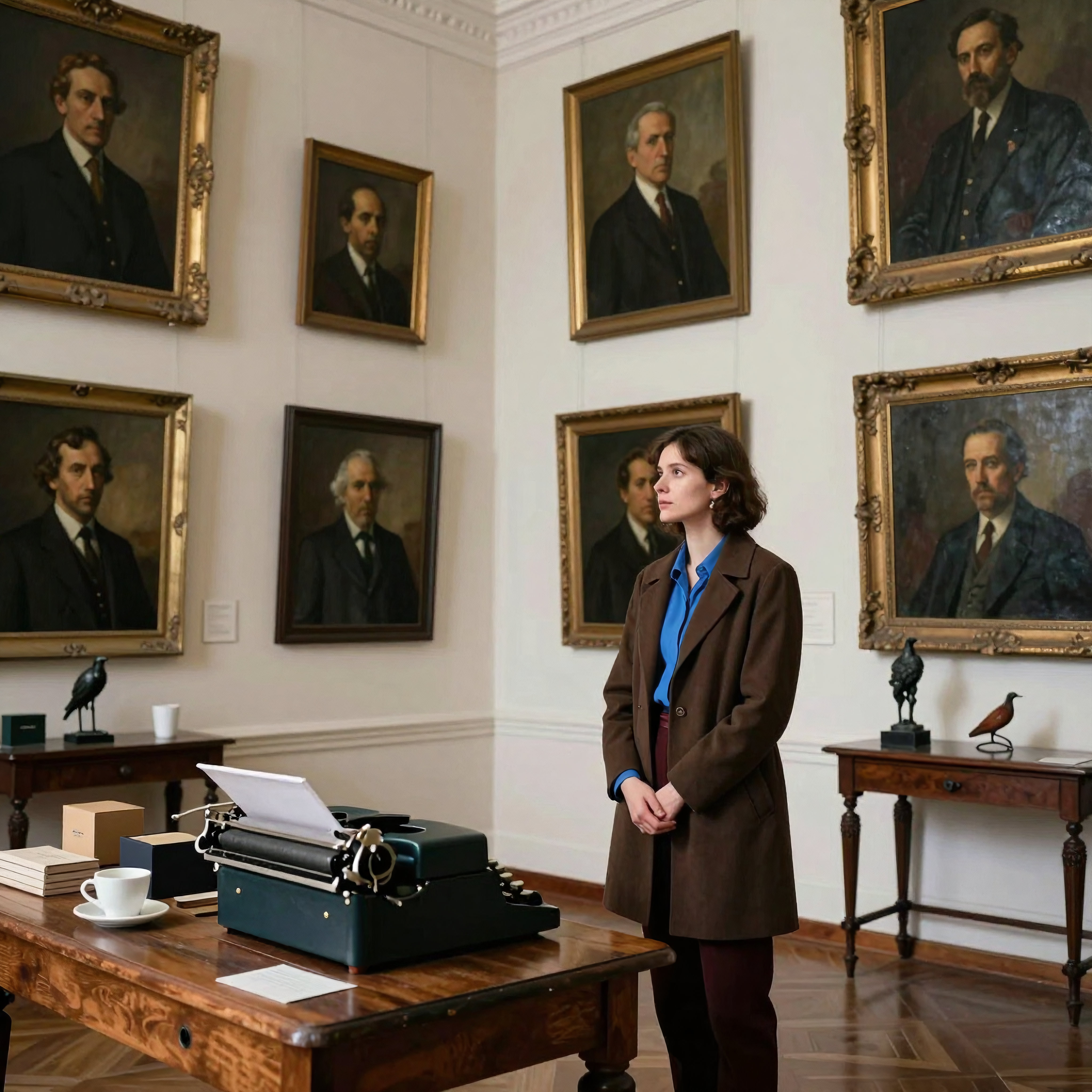 Elegant woman typing amidst historic portraits in sophisticated gallery