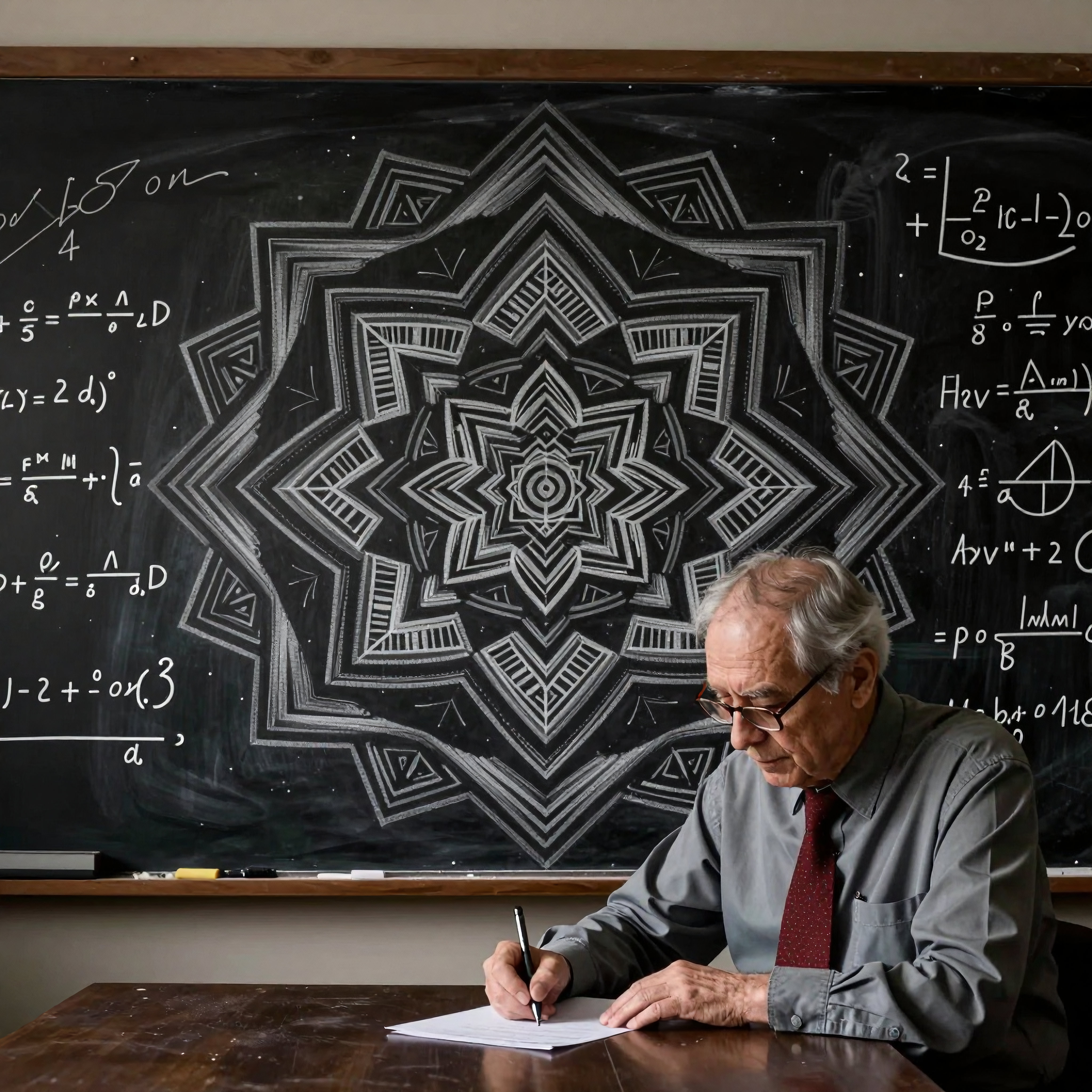 Elderly scientist writes equations beside beautiful chalk mandala artwork on blackboard