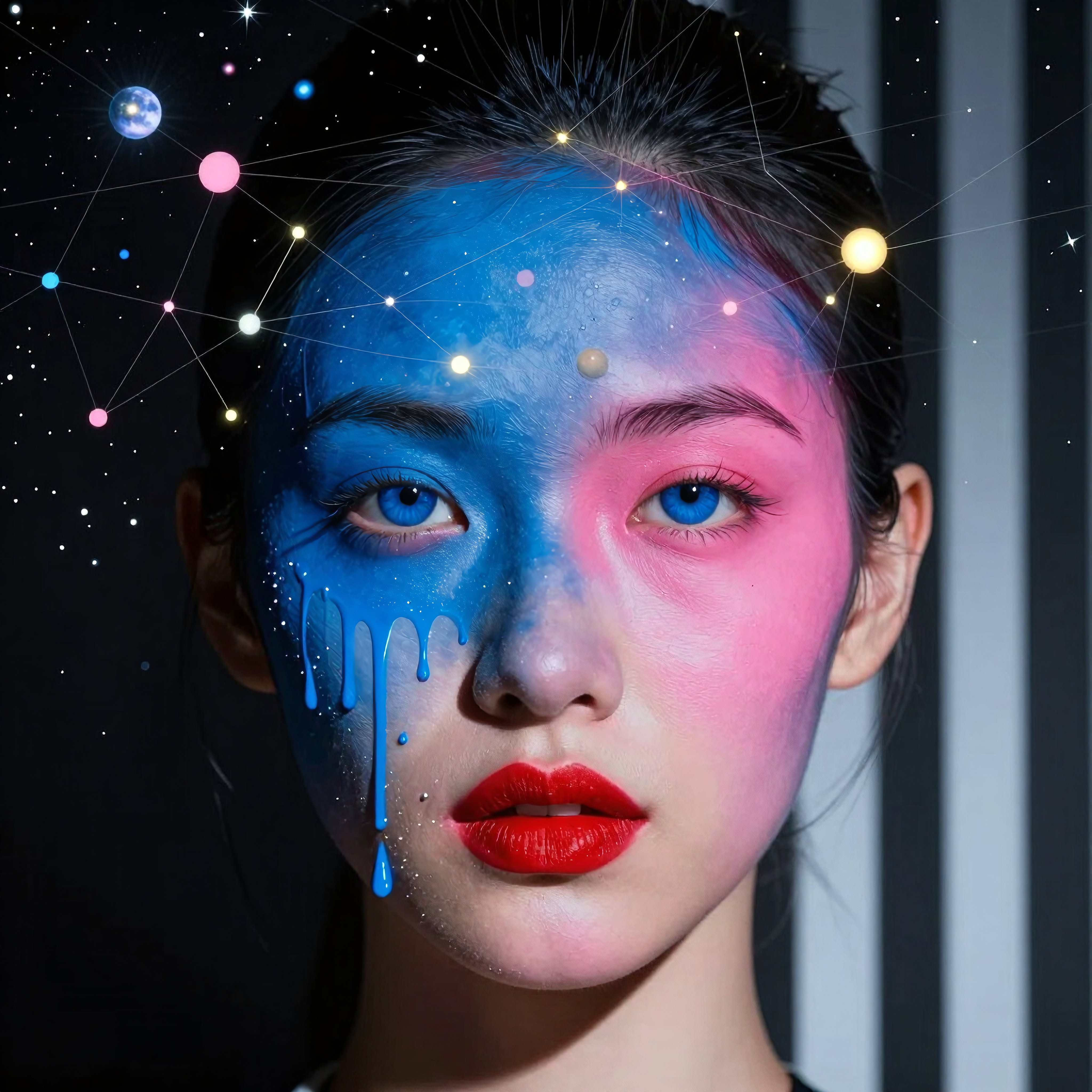 Woman face painted half-blue-half-pink with dripping paint, surrounded by floating stars and galaxies, cosmic-themed artistic portrait
