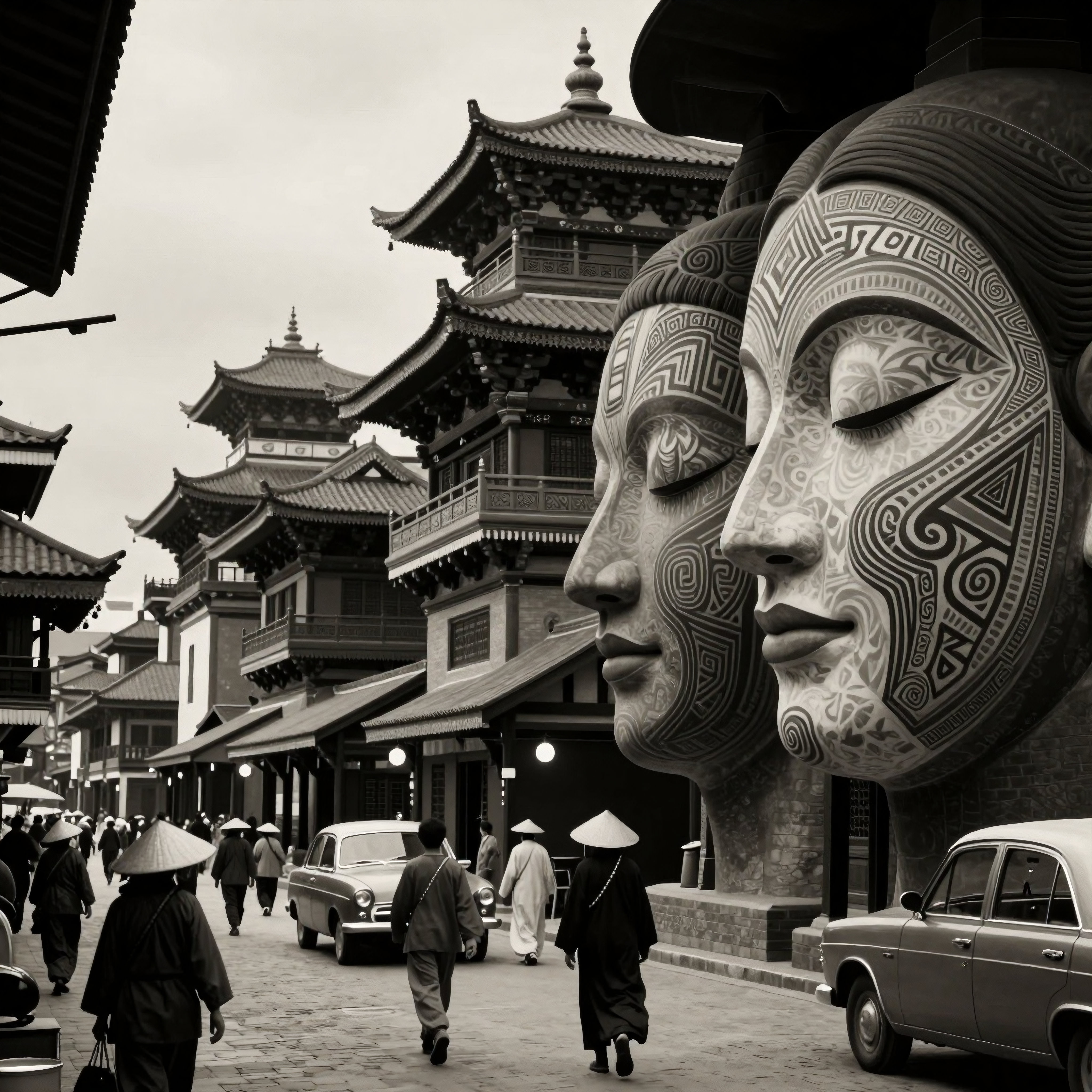 Ancient temples meet giant stylized faces on busy historic street with pedestrians and classic cars