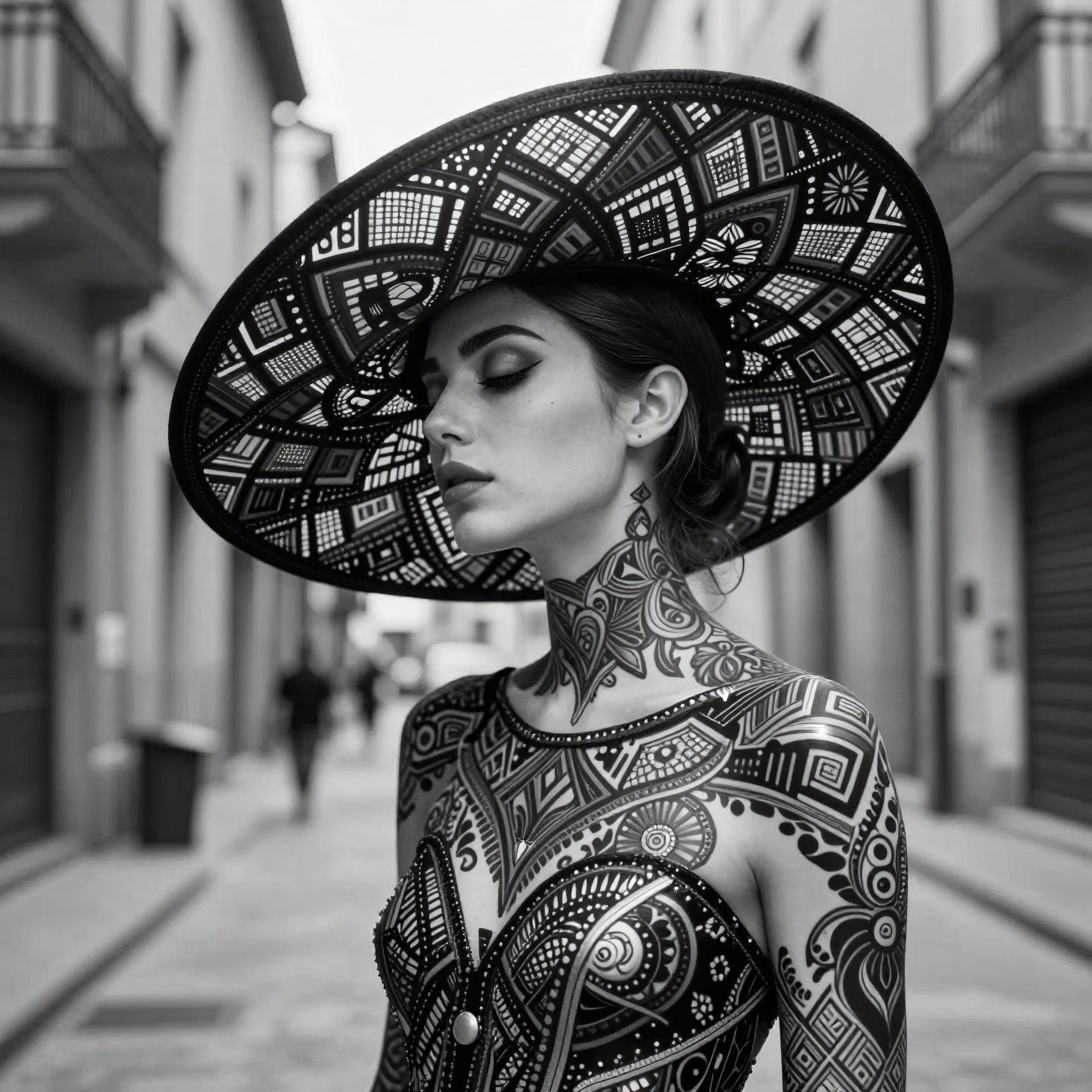 oman wearing ornate patterned outfit and wide-brimmed hat standing in urban alleyway, black and white photo, stylish portrait, body art, fashion photography, cultural aesthetics, creative concept shot