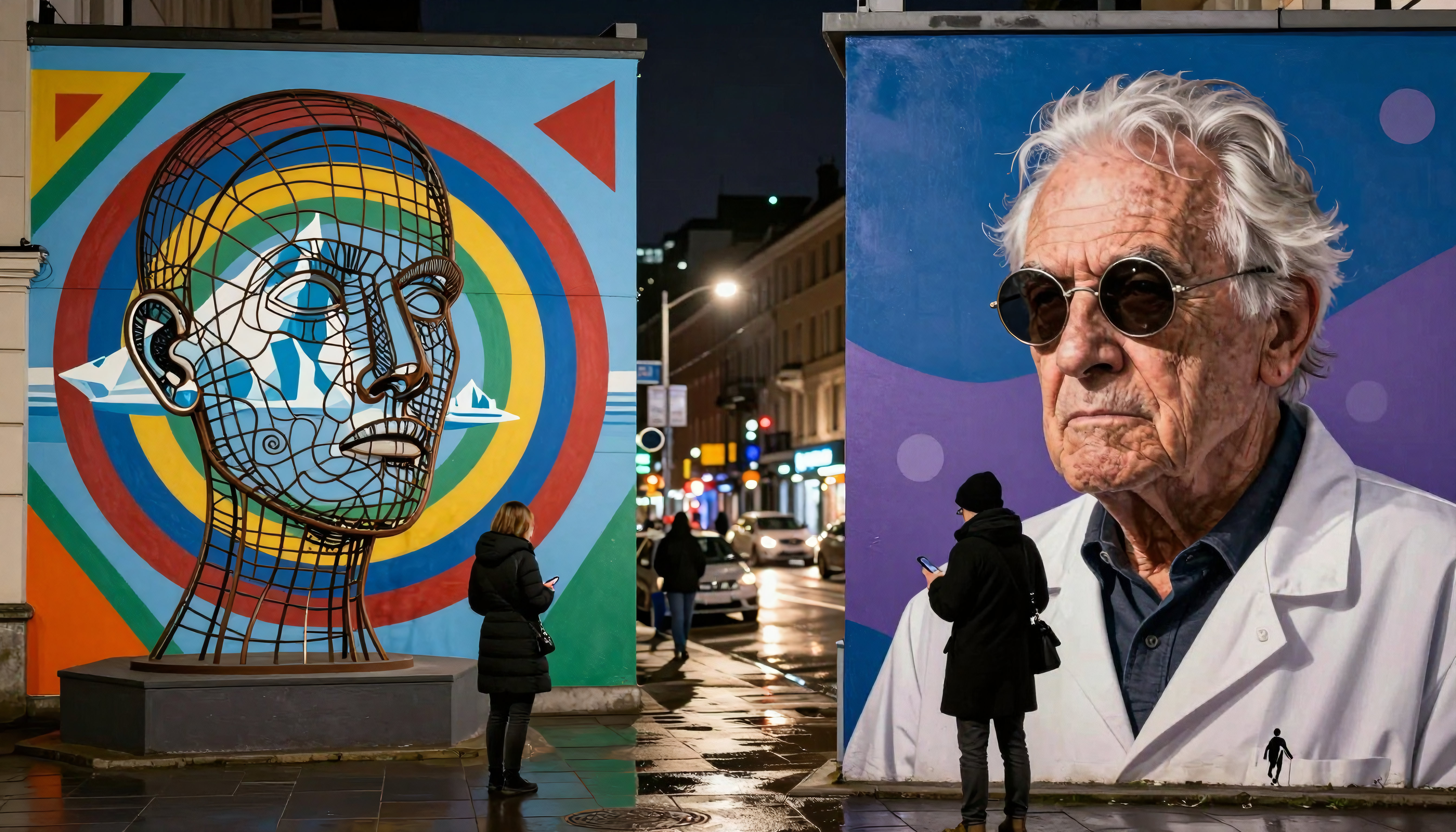 Nighttime Urban Street with Vibrant Murals and City Life