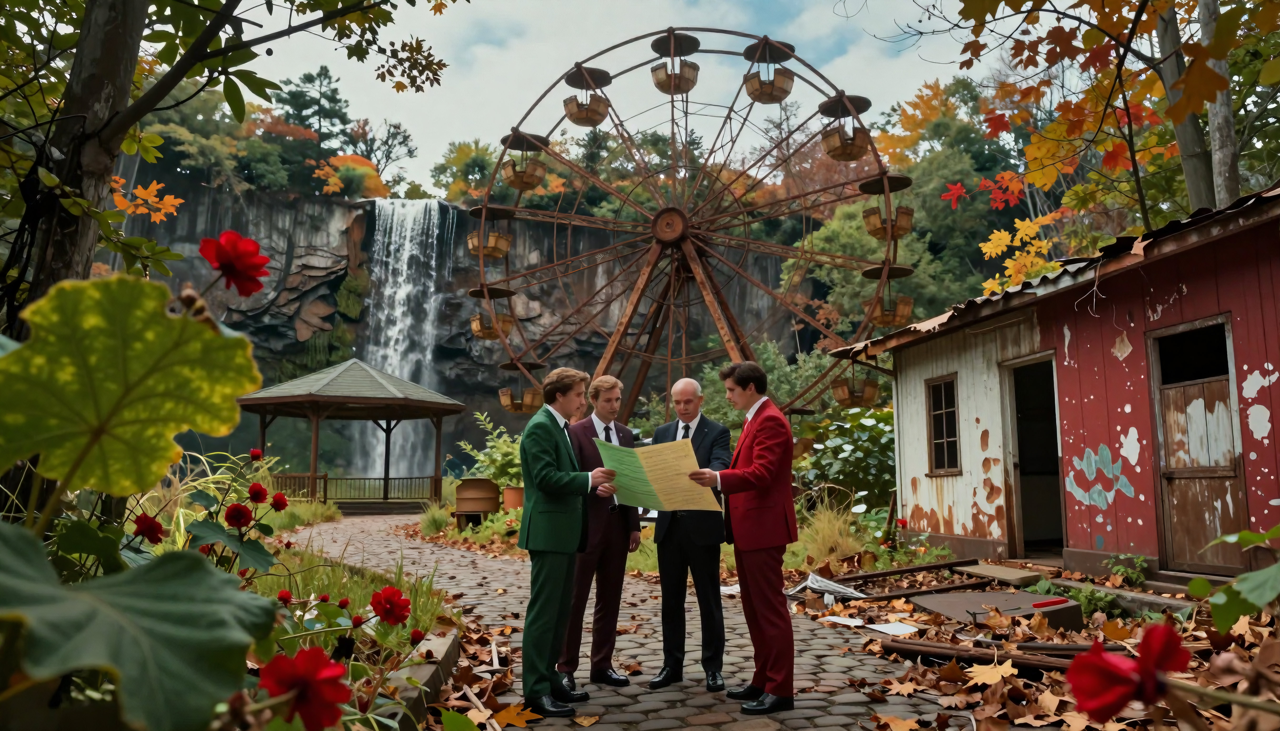 Men in Suits Reviewing Document in Autumn Landscape with Waterfa