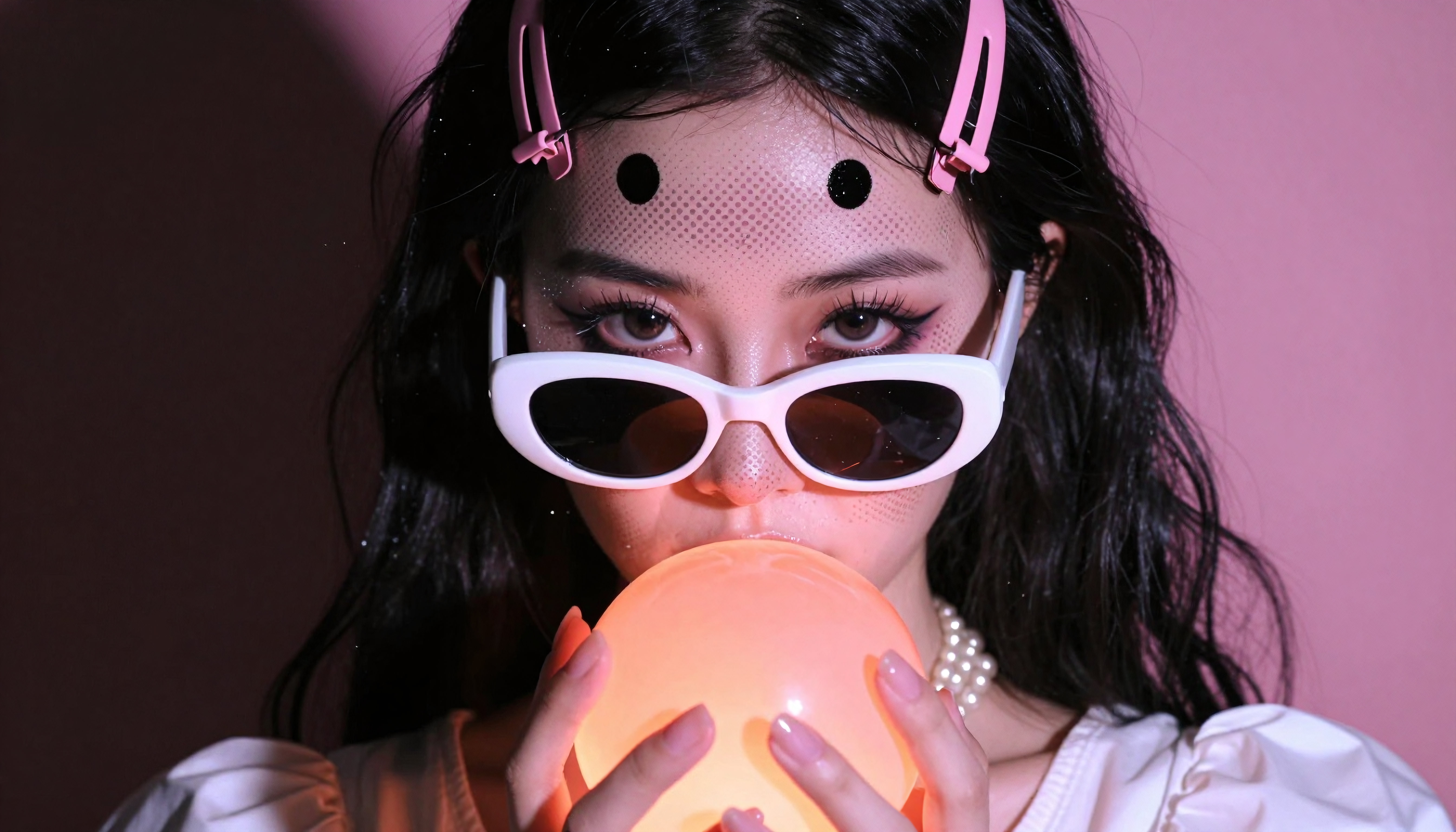 Pink-themed portrait with retro sunglasses, glowing orb, and vin