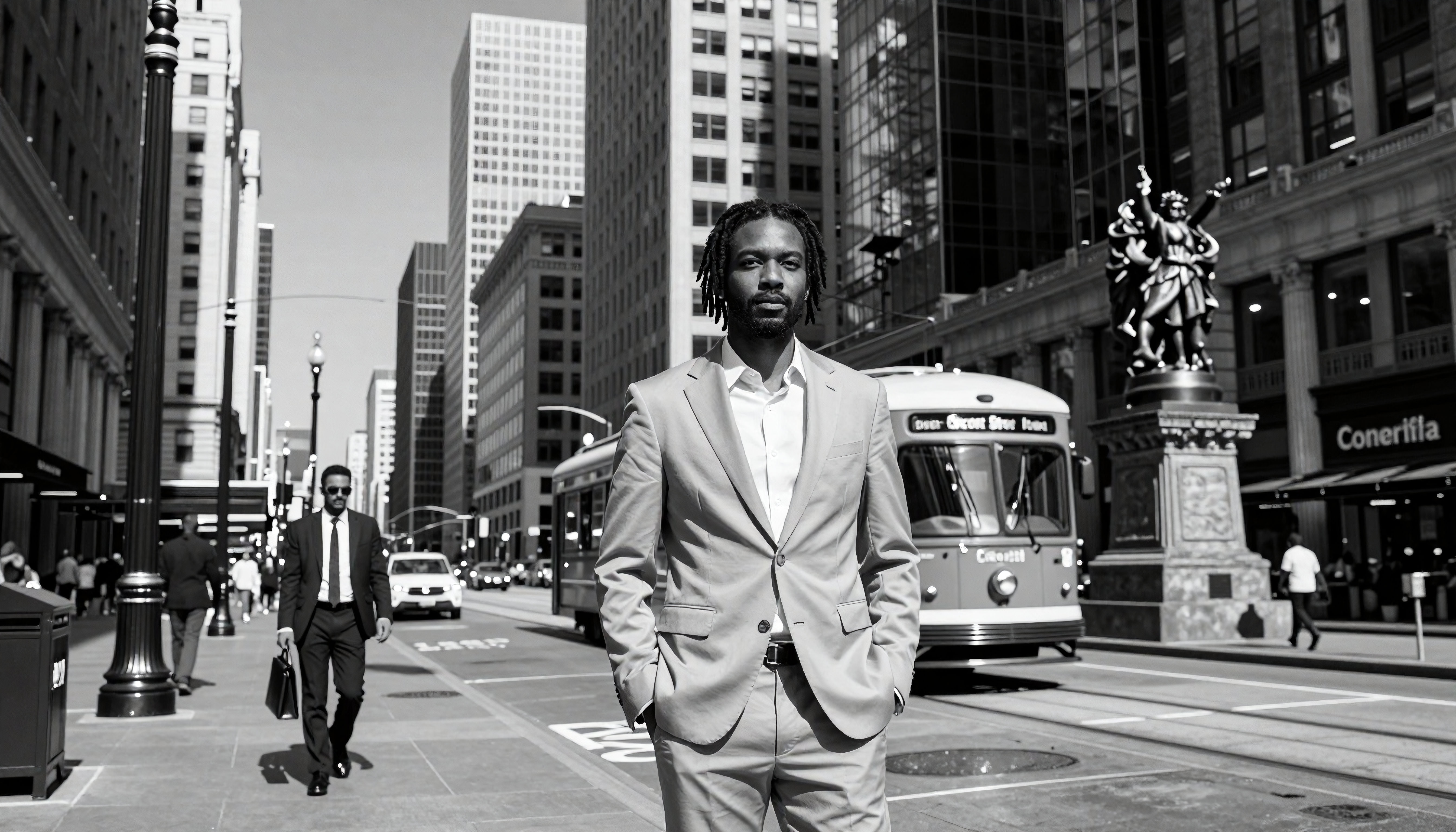 Professional Urban Man in Downtown Cityscape with Streetcar and